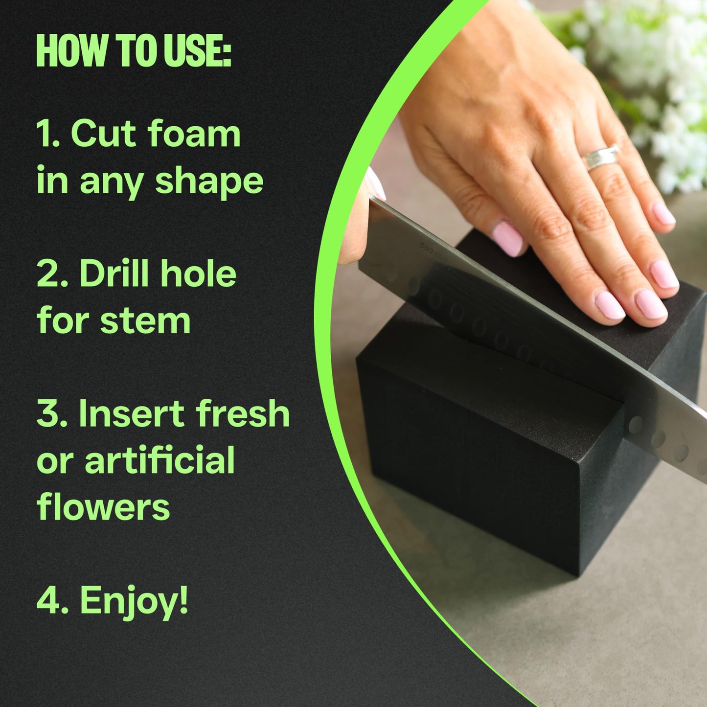 XCEL Floral Foam Blocks - Reusable, Weather Resistant Craft Foam for Artificial Flower Arrangements, Faux Florist Foam Planters Florist Supplies (Black 4" x 4" x 3" - 8 Pack)