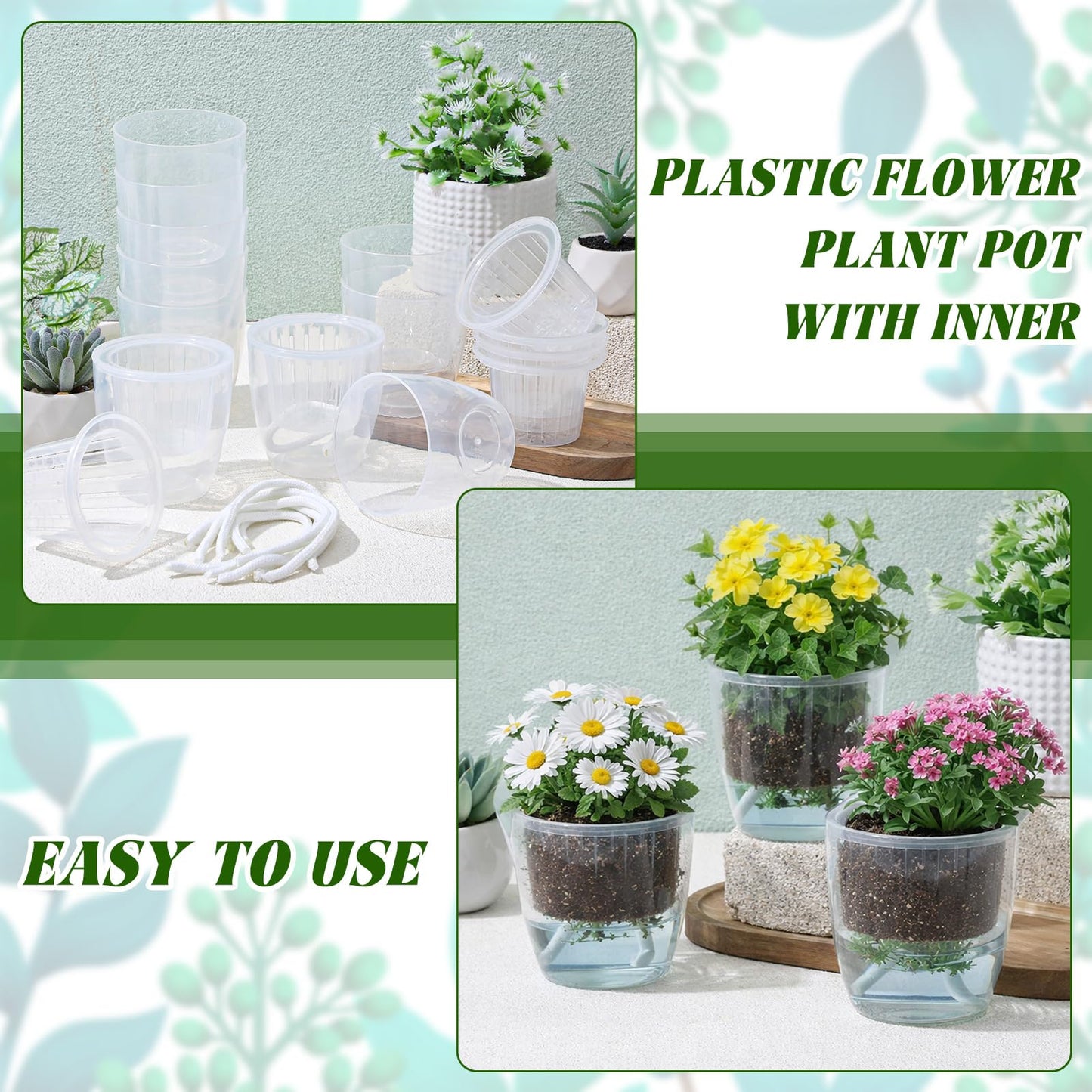Ferrochef 36 pcs Self Watering Pots, 3.5 Inch Plastic Flower Plant Pot with Inner Pot Self Watering Wick Planter White Clear Flower pots for Indoor House Plants Herbs, Flowers, Succulents