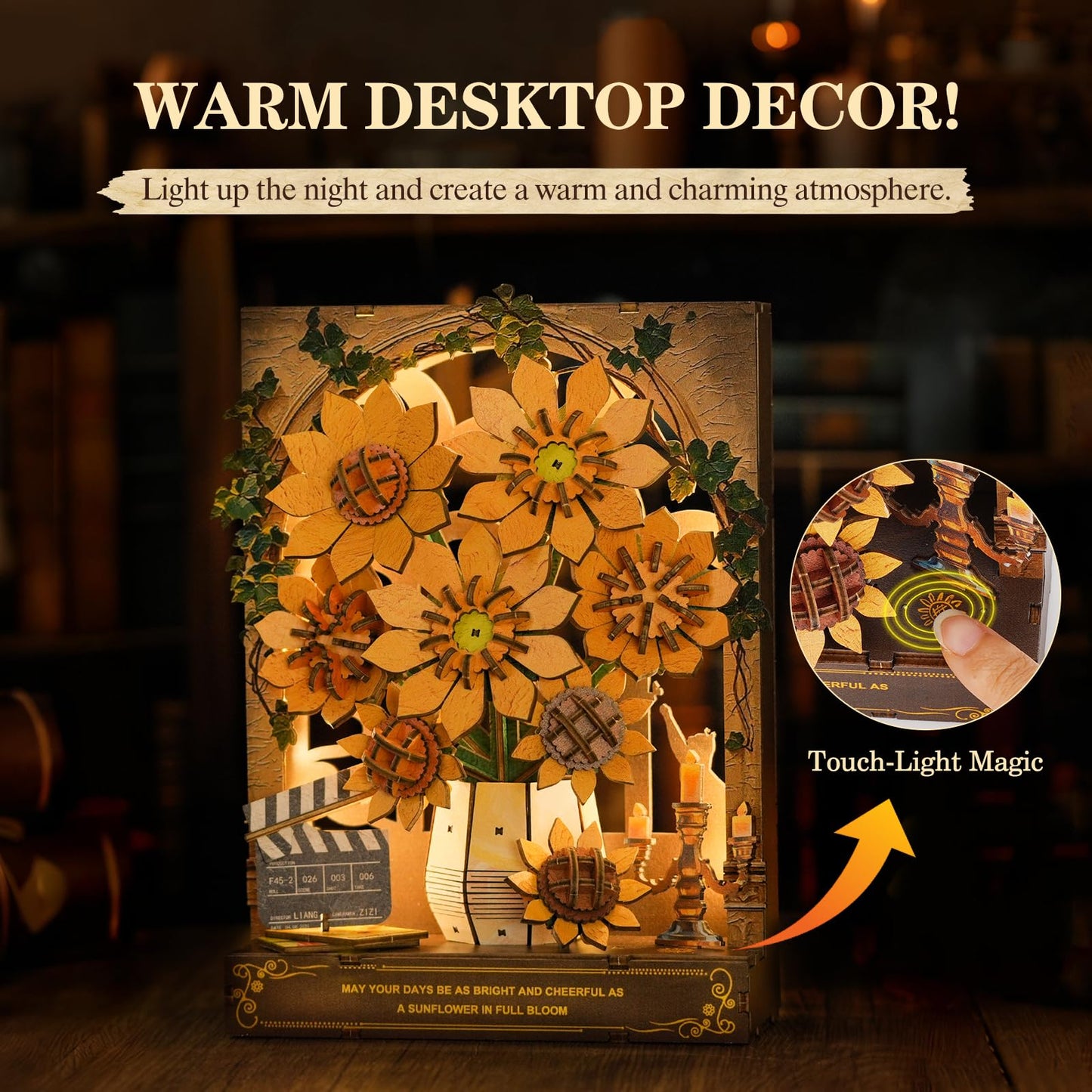 Cutywood 3D Wooden Puzzles for Adults - Sunflower 3D Art Wall Decor with LED Light, DIY Wooden Flowers Model Kit Building Set Crafts for Adults to Build Ideal Creative Gift for DIY Lovers