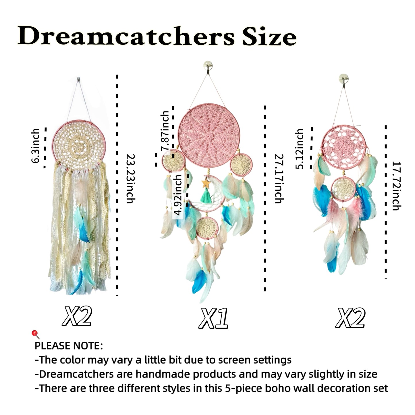 Handmade Dream Catchers Set of 5, Pink Boho Macrame Wall Hanging Decor for Women, Gift for Mother's Day, Birthday, Christmas, Housewarming, Nursery, Teen Girl Bedroom Aesthetic