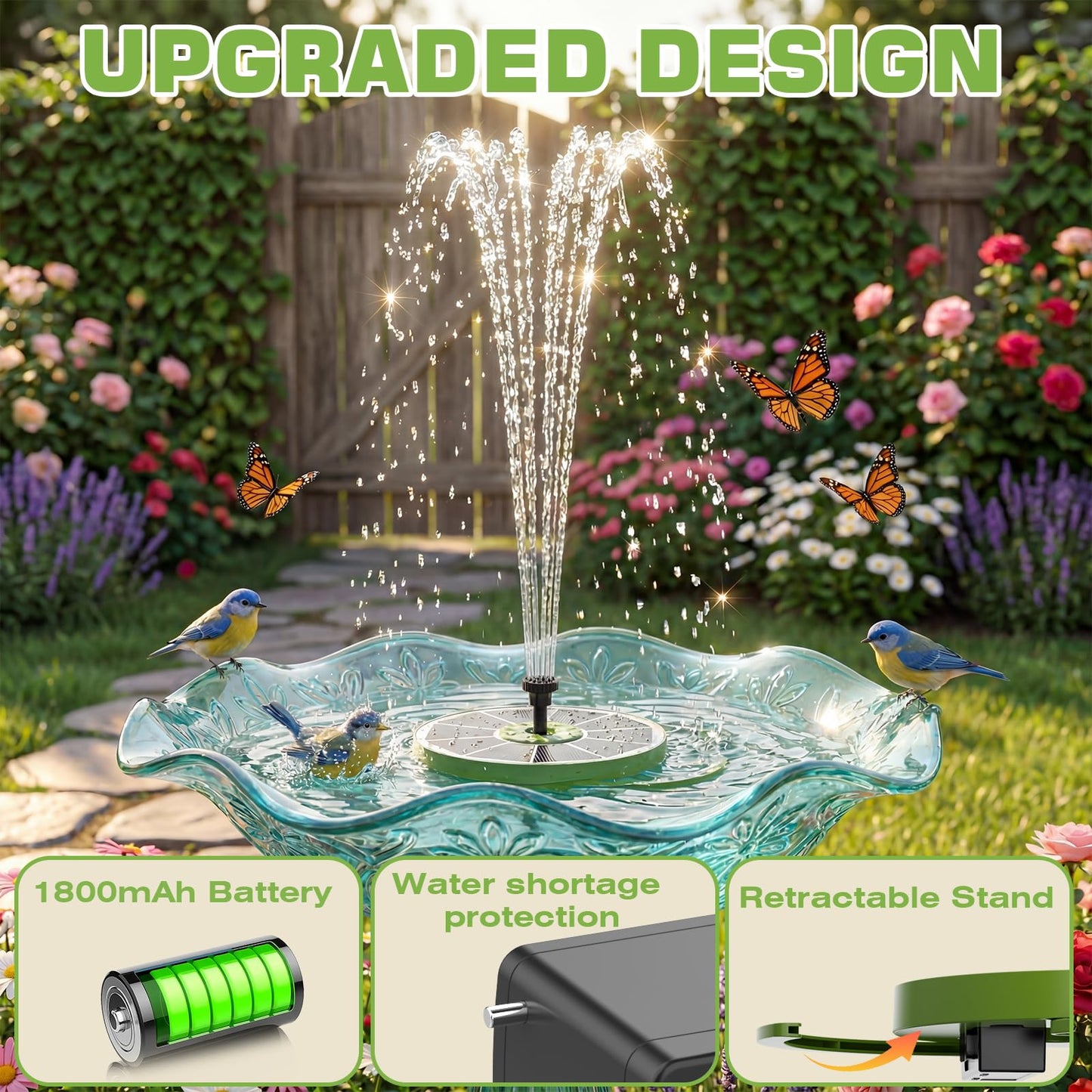 AISITIN 3.5W Solar Bird Bath Fountain with Built-in 1800mAh Battery, Solar Water Pump with 8 Nozzles, Solar Powered Floating Fountain for Outdoor Garden, Birdbath, Pond, Pool, Fish Tank - Dark Green