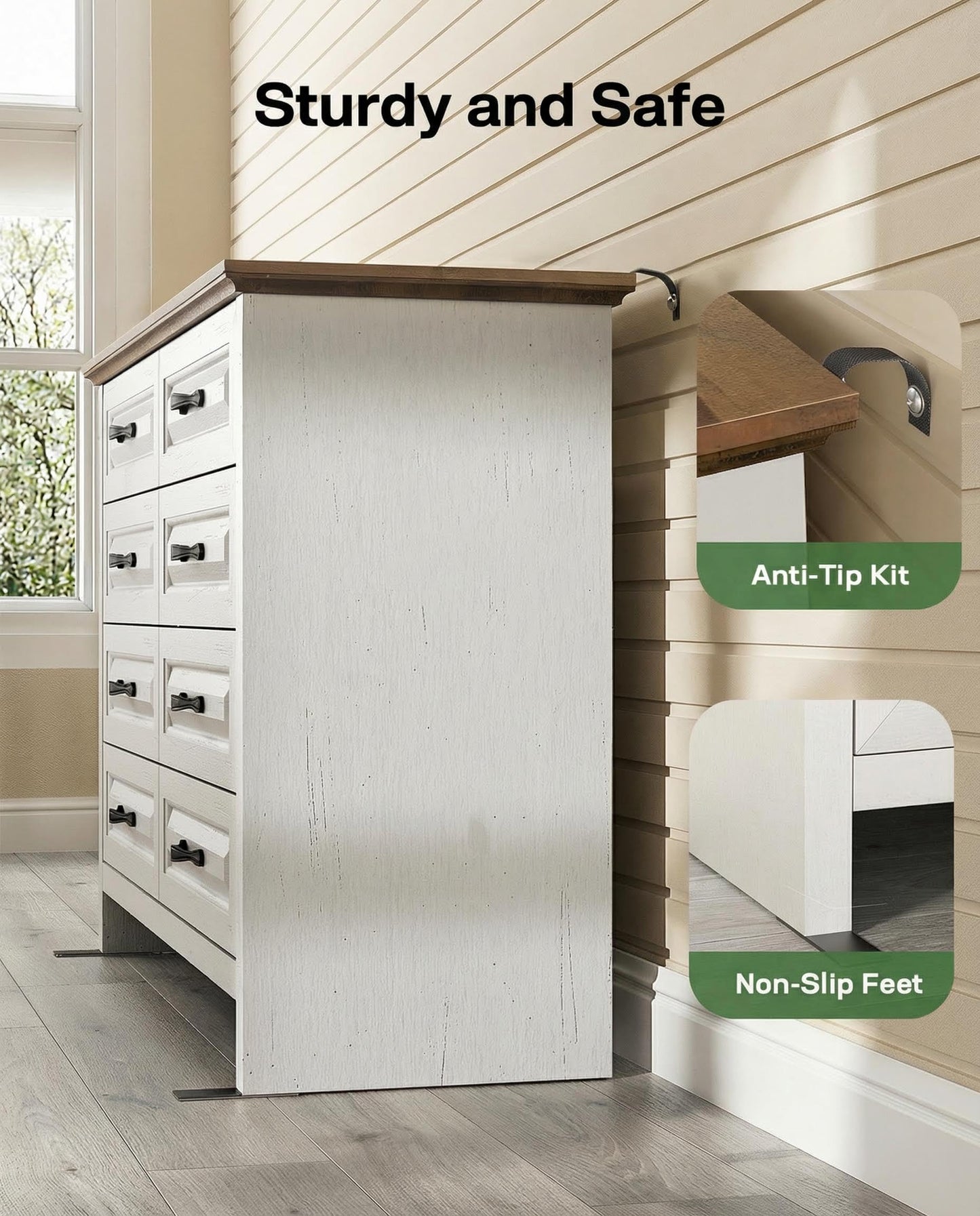Marsail Farmhouse 8 Drawer Dresser, Wood Chest of Drawers with Natural Texture, Smooth Gliding Drawers, Versatile Storage Organizer Cabinet for Bedroom & Living Room, White and Brown