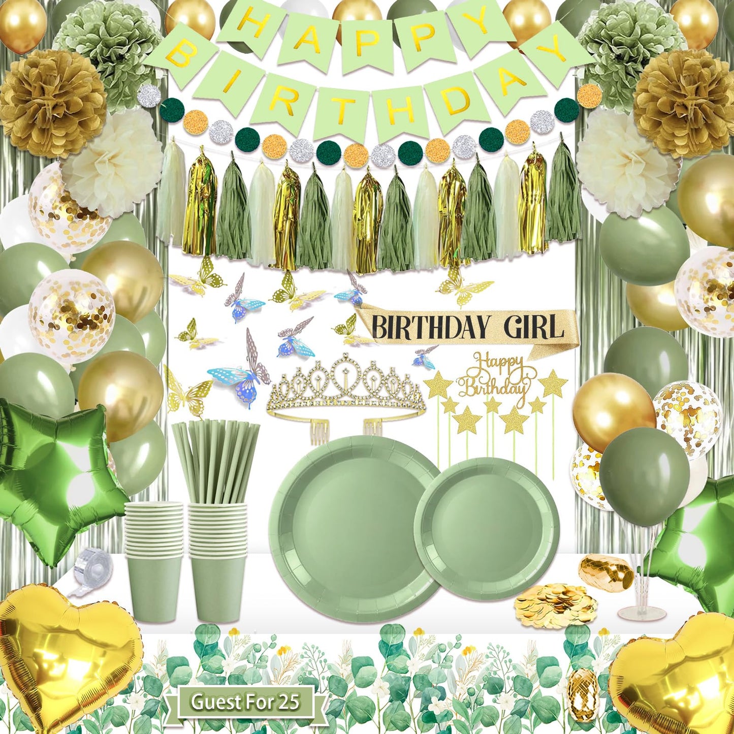 Guudmua 222 Pcs Sage Green Happy Birthday Decorations, Birthday Decorations for Women or Girl Kit- Disposable Dinnerware Set with 25 Guest, Balloons, Sash, Tiara, Banner, Paper Pom Poms