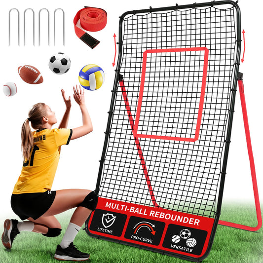 BAGAIL Volleyball Rebounder Net 7x4 Ft, Bounce Back Training Equipment with Unique Curved Frame for Better Catching, 5 Adjustable Angles for Volleying & Spiking, Easy Set Up & Sturdy Base - Red