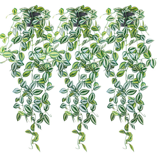 LOYWREE 3 Pack Fake Hanging Plants - Small Potted Plants with Green Eyebrow-Leaf Trailing Vines, Indoor Outdoor Aesthetic Decor for Office, Living Room Shelf & Home Accent (Black Pot)