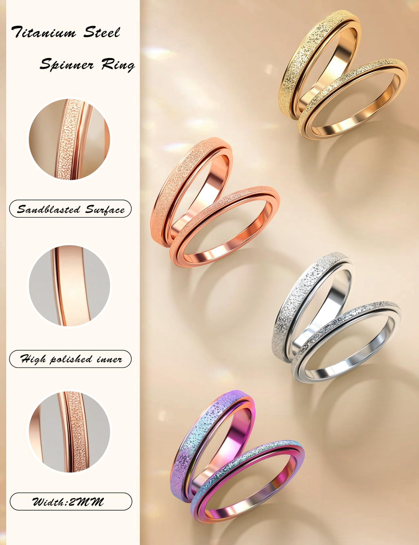 Diamday Fidget Rings for Women Men - 2mm Rose Gold Spinner Stainless Steel Ring for Anxiety Stress Relief Glitter Sandblast Spinning Figit Anxiety Jewelry for Wedding Promise Size 8