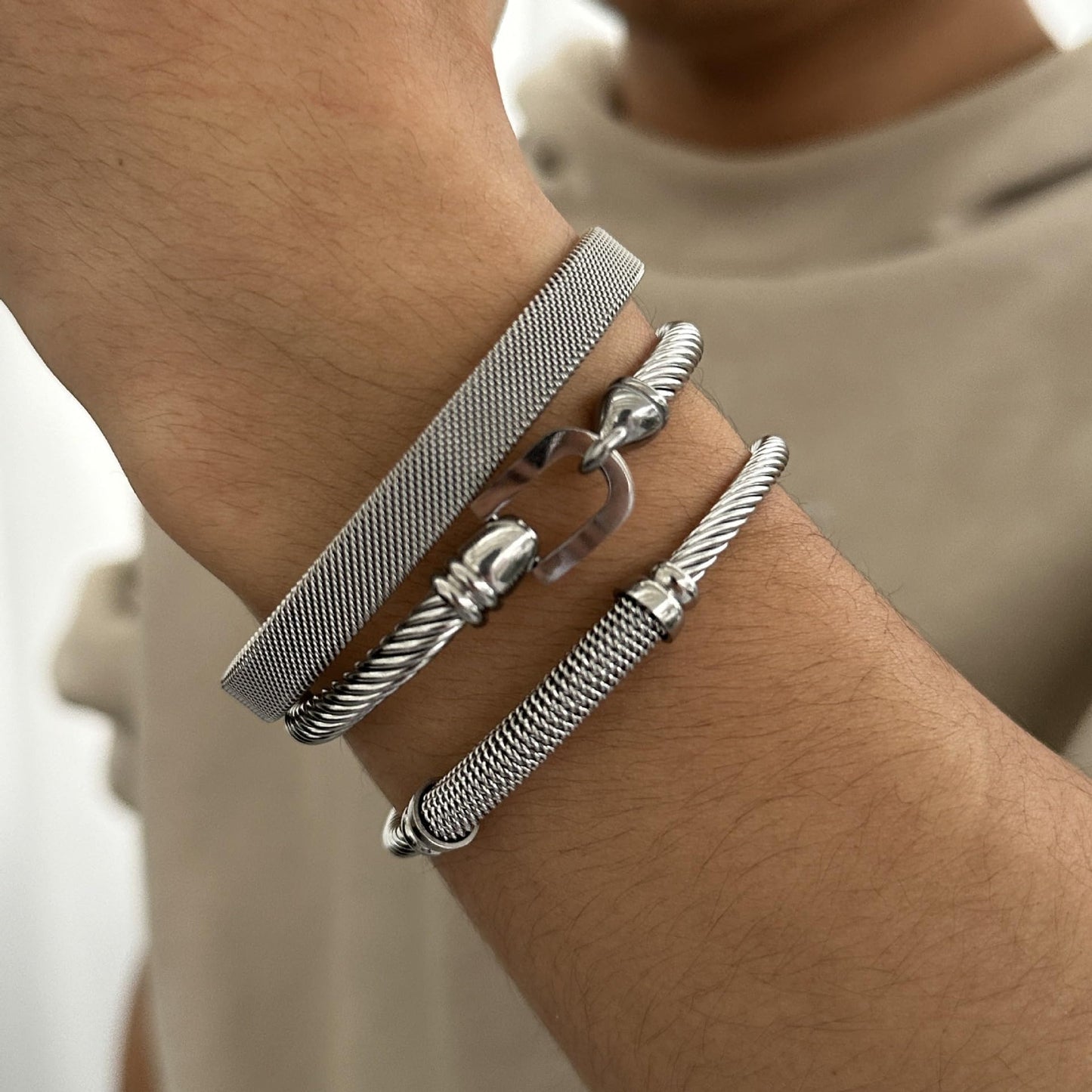 MENGSHA Punk Silver Twisted Cable Cuff Bracelet for Men/Women Durable Stainless Steel Chunky Bangle Bracelet Adjustable Opening,Daily Wear & Outdoor Adventure Unisex Jewelry Gift for Him/Her