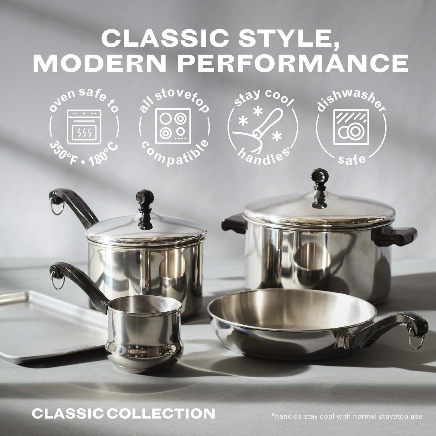 Farberware Classic Series Stainless Steel Pots and Pans with Baking Sheet Pan, Cooking Tools, and Lids, Induction Ready, Dishwasher Safe, 10 Piece Cookware Set, Metal Utensil Safe - Stainless Steel