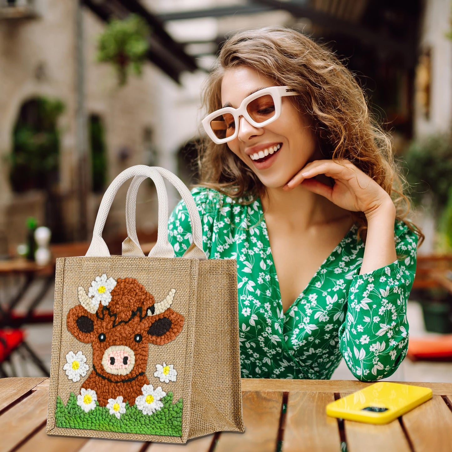 PUNICA Punch Needle Kits for Beginners with Highland Cow Pattern - Burlap Tote Bag for Adults & Kids, DIY Embroidery Starter Kit | Easy Craft Gifts (9x6.5x8.5 Inch)