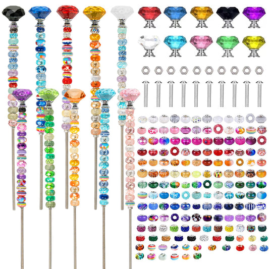 Dceyoril 230pcs Beaded Garden Stakes Kit Fairy Garden Stakes Includes 10 Colorful Crystal Top 200 Round Colorful Bead 10 Stainless Steel Threaded Rods and Nuts for Outdoor Decoration(Diamond Style)