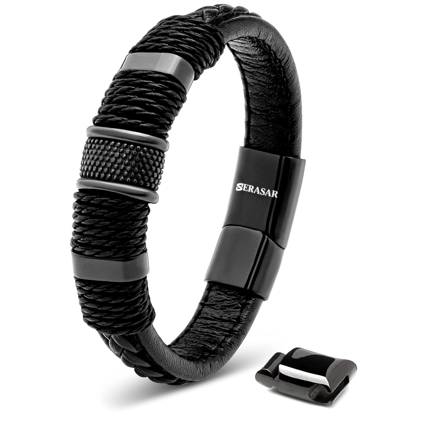 SERASAR Hombres Pulsera de cuero negro 23cm Brazalete Hombre Regalo Caja envuelta en genuina multicapa para Cierres magneticos Joyas