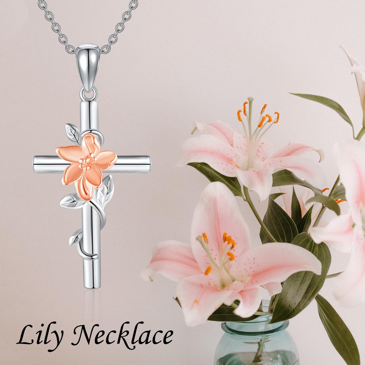 JERWLI Lily Necklace 925 Sterling Silver Lily Cross Pendant Necklace May Birth Flower Jewelry for Women