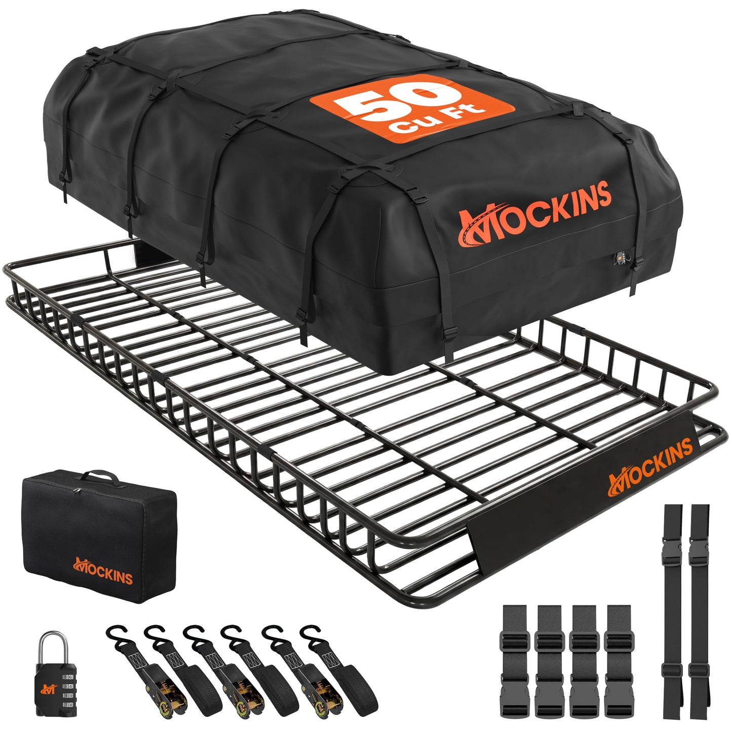 Mockins XXL 90"x50"x6" Heavy Duty Roof Rack Cargo Carrier w/ 50 CuFt Waterproof Rooftop Cargo Bag for Top of Car | All-Weather 250 Lbs Cap Car Top Carrier Roof Basket for SUV RV Van w/Accessories