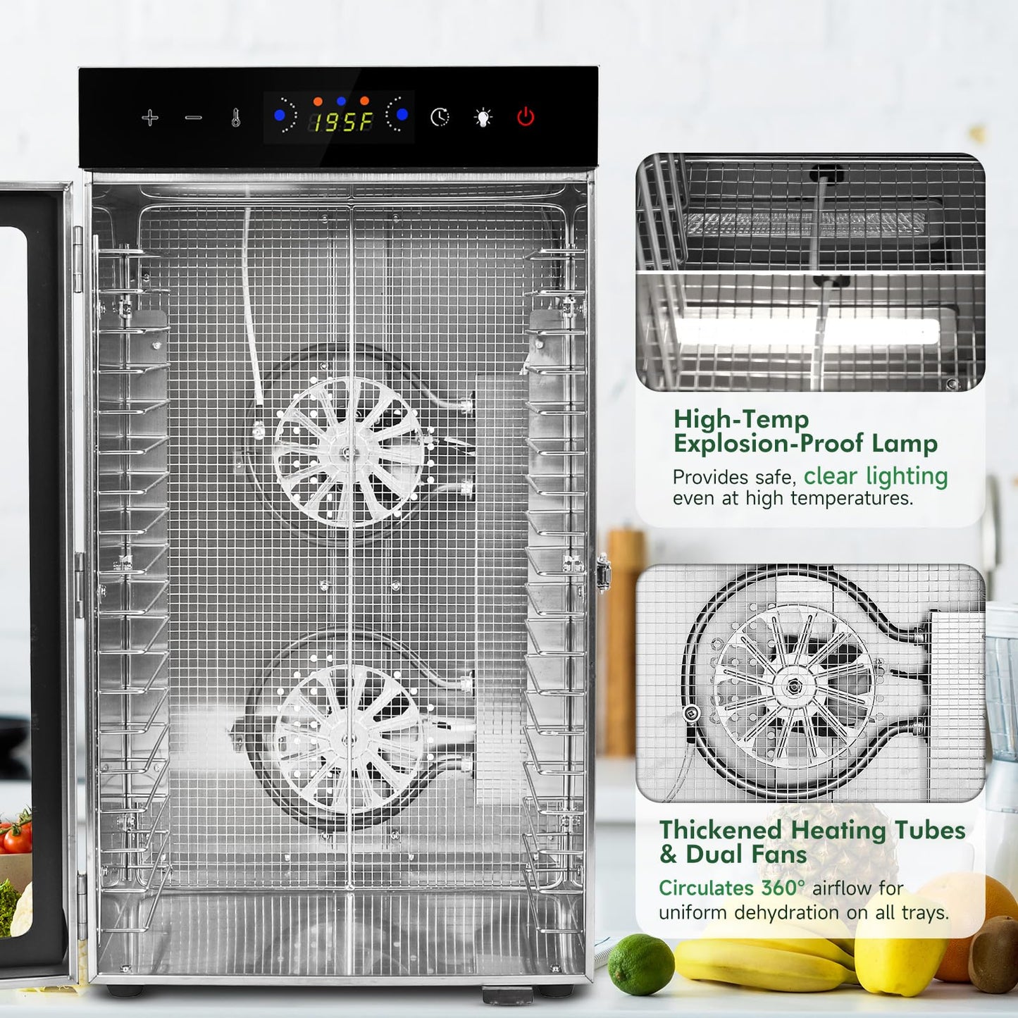 Food Dehydrator Machine 18 Stainless Steel Trays 1000W Commercial Food Dehydrator with 24H Digital Timer LED Temperature Control Food Dryer Beef Jerky Maker for Dehydrated Meat Fruit Herb