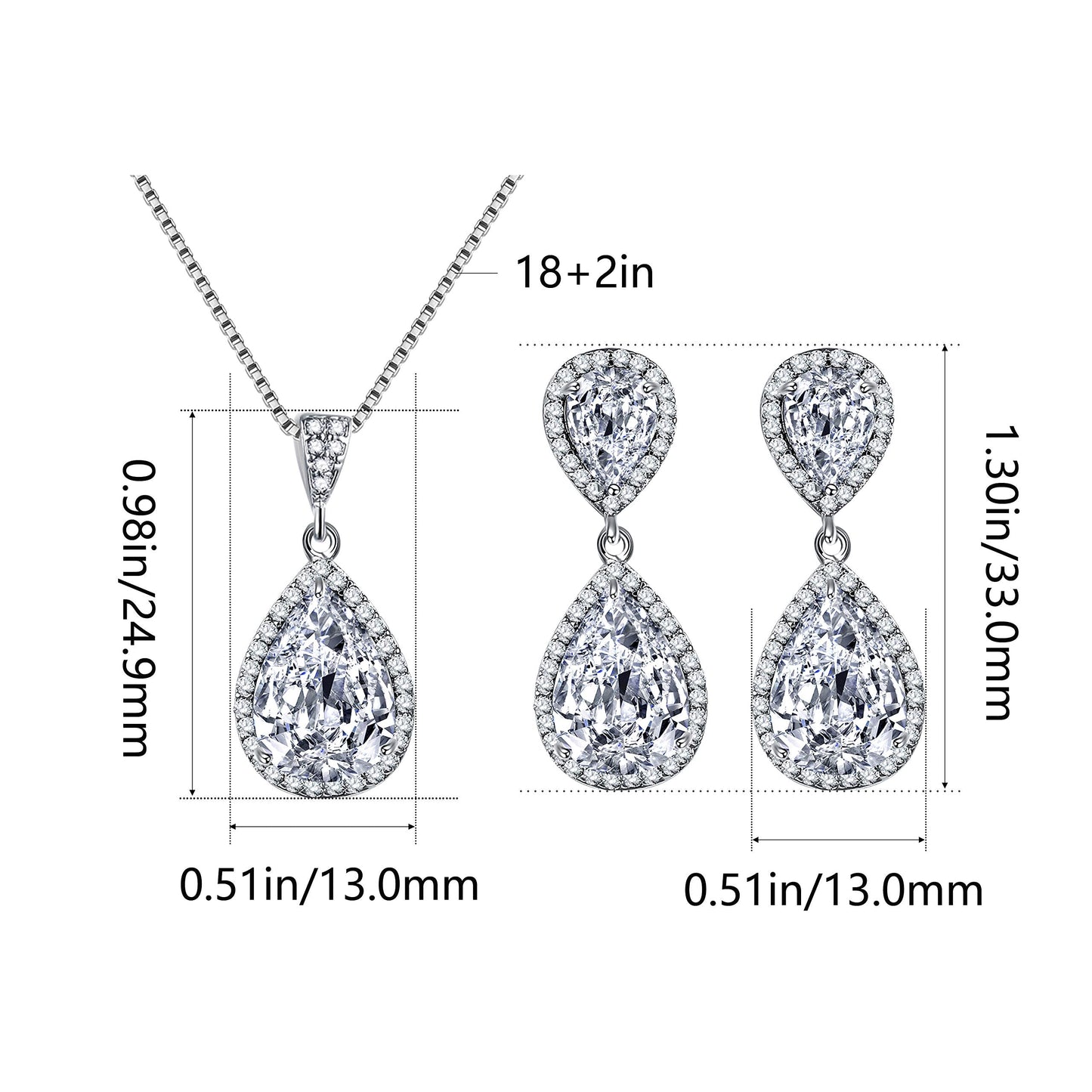 Crystal Jewelry Set for Women - Charming Pear-Shape Sterling Silver Full Teardrop Cubic Zirconia Bridal Pendant Necklace Dangle Earrings Set for Prom Party Wedding Jewelry Set for Bride Bridesmaids