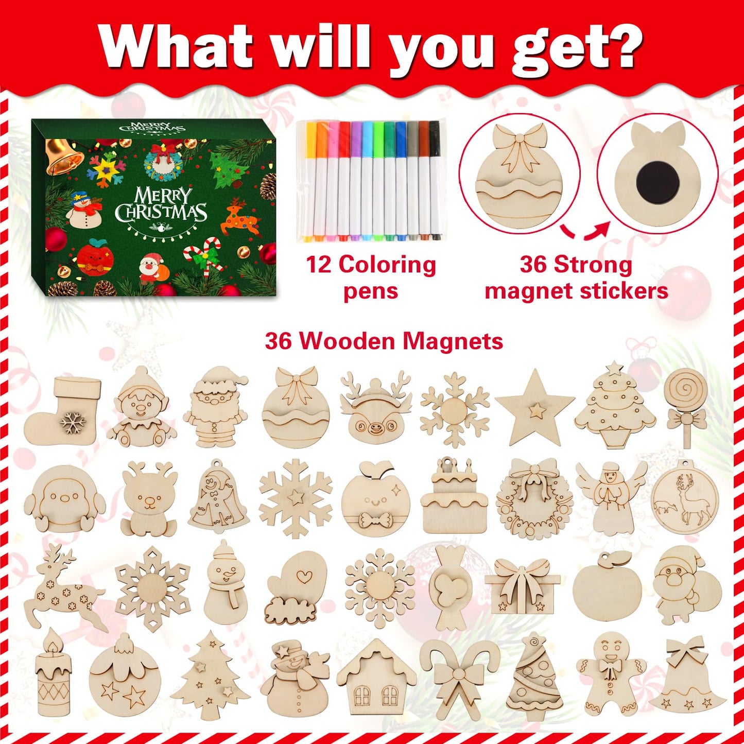 Worgree Christmas Crafts for Kids, 36pcs DIY Wooden Magnets Art Craft Supplies Painting Kit for Boys Girls Ages 4-8 8-12 Xmas Stocking Stuffers Toys Party Favors Gifts Goodie Bag Fillers Holiday Decor