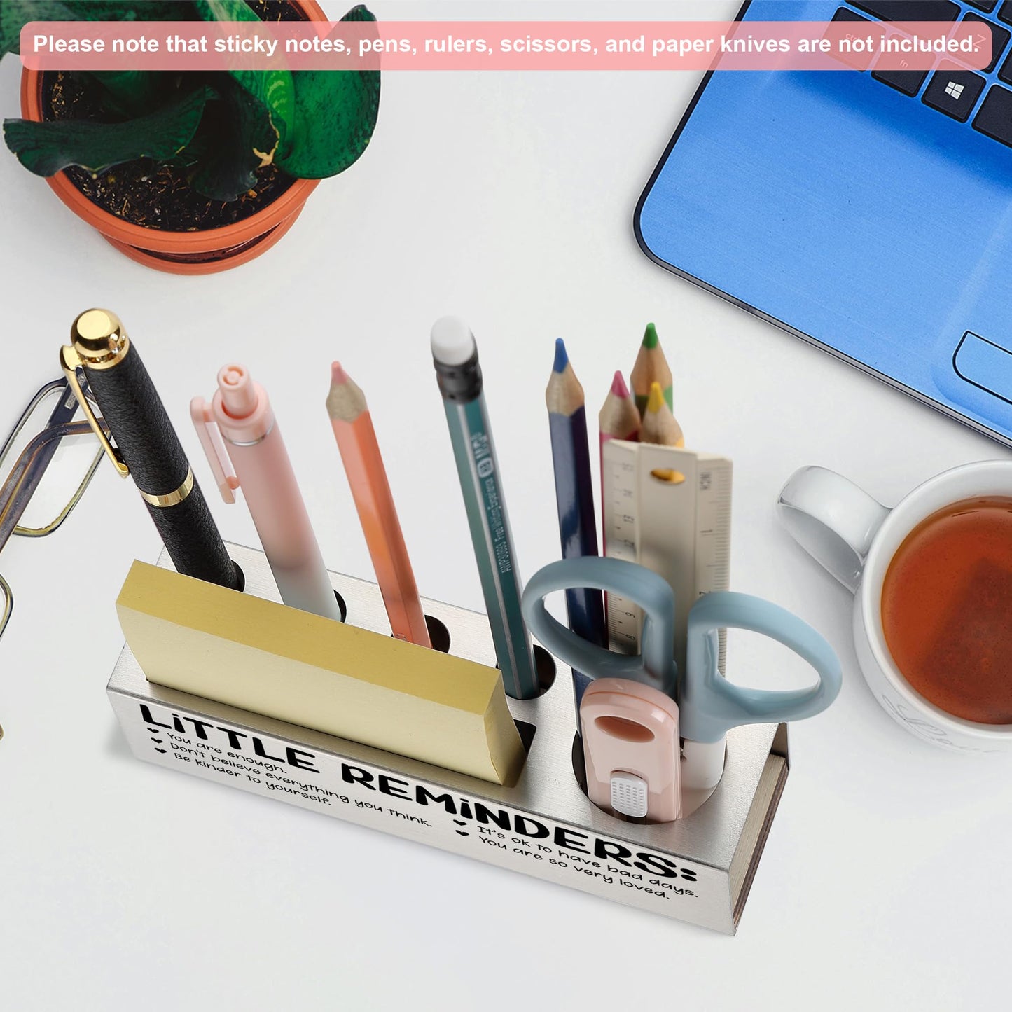 Inspirational Pencil Holder Desk Organizer with Little Reminders, Stainless Steel Office Supply Caddy for Women Men, Positive Message Teacher Coworker Gift, Laser Engraved Classroom Decor - FBA400