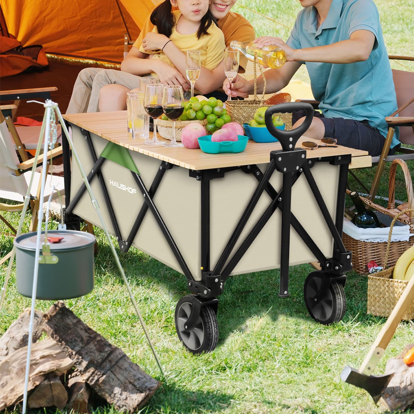 HAUSHOF Heavy Duty Collapsible Wagon, Folding Outdoor Utility Wagon, Camping Garden Beach Cart with Universal Quick Release Wheels, Adjustable Handle, 2 Cup Holders, 176 lbs Load Capacity, Green