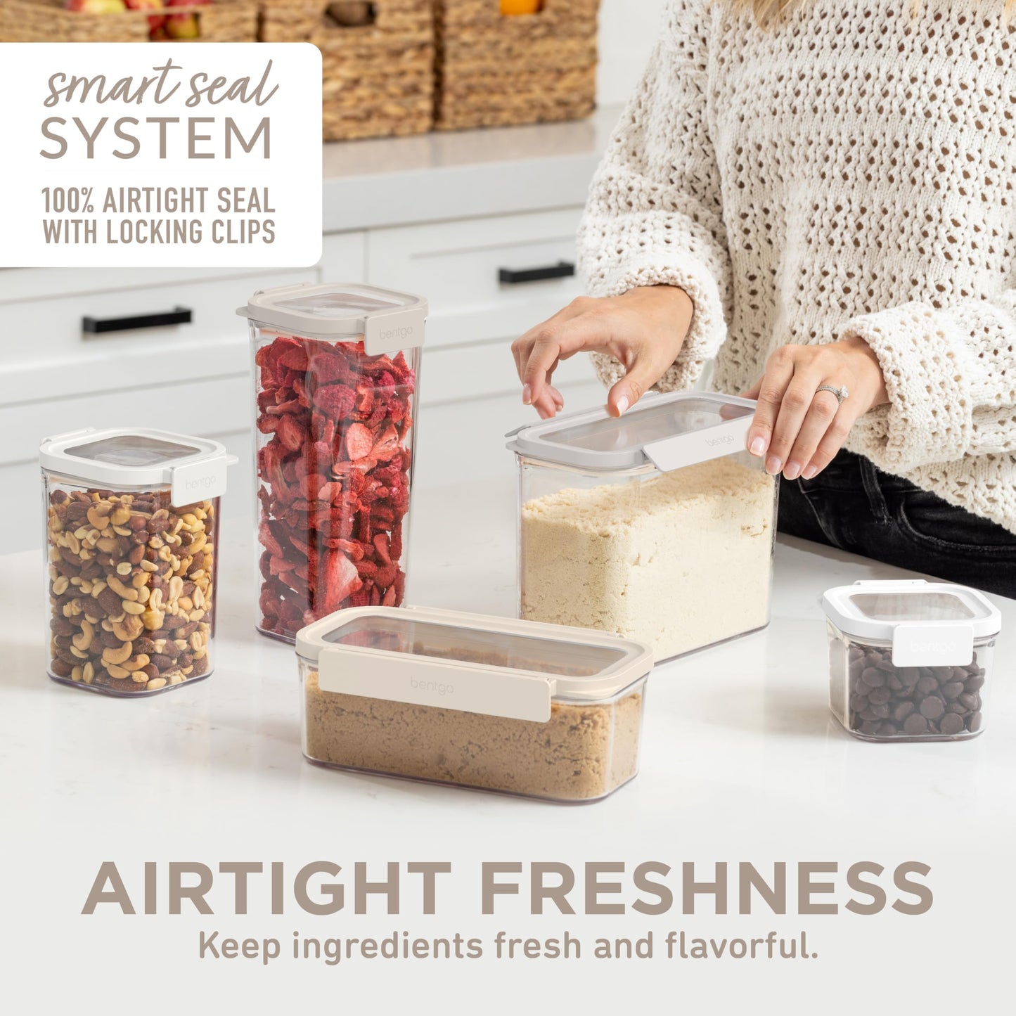 Bentgo Pantry - 10-Piece Airtight Food Storage Containers, Clear, Stackable Kitchen & Pantry Organization, Locking Lids for Freshness, BPA-Free Plastic - Ideal for Sugar, Flour, & More (White Stone)