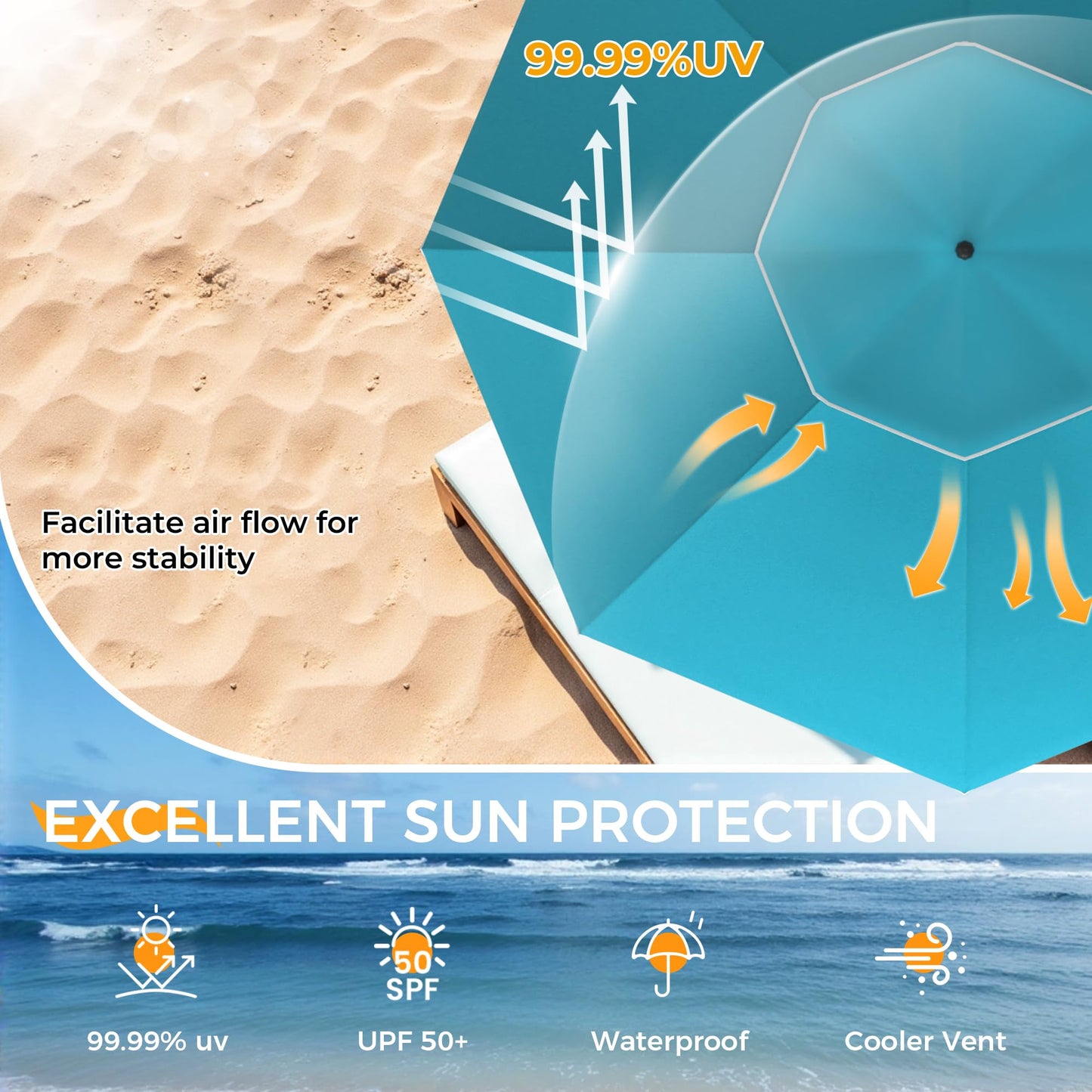 HOMEDEMO 7FT Beach Umbrella with Table & Large Sand Anchor, Heavy Duty Windproof Portable Beach Umbrella witn UPF 50+ Sun Protection, Outdoor Umbrellas with Adjustable Aluminum Pole, Türkiye Blu