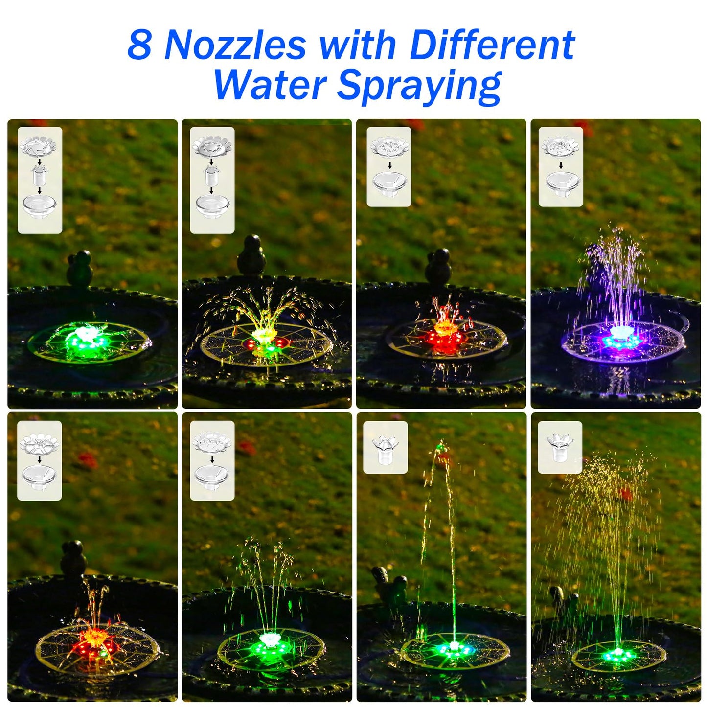 AISITIN 3.5W Solar Fountain Pump with LED Colorful Lights & 3000mAh Battery, Solar Bird Bath Fountain with 10 Nozzles, Solar Water Pump for Garden, Pond and Outdoor (Purple)