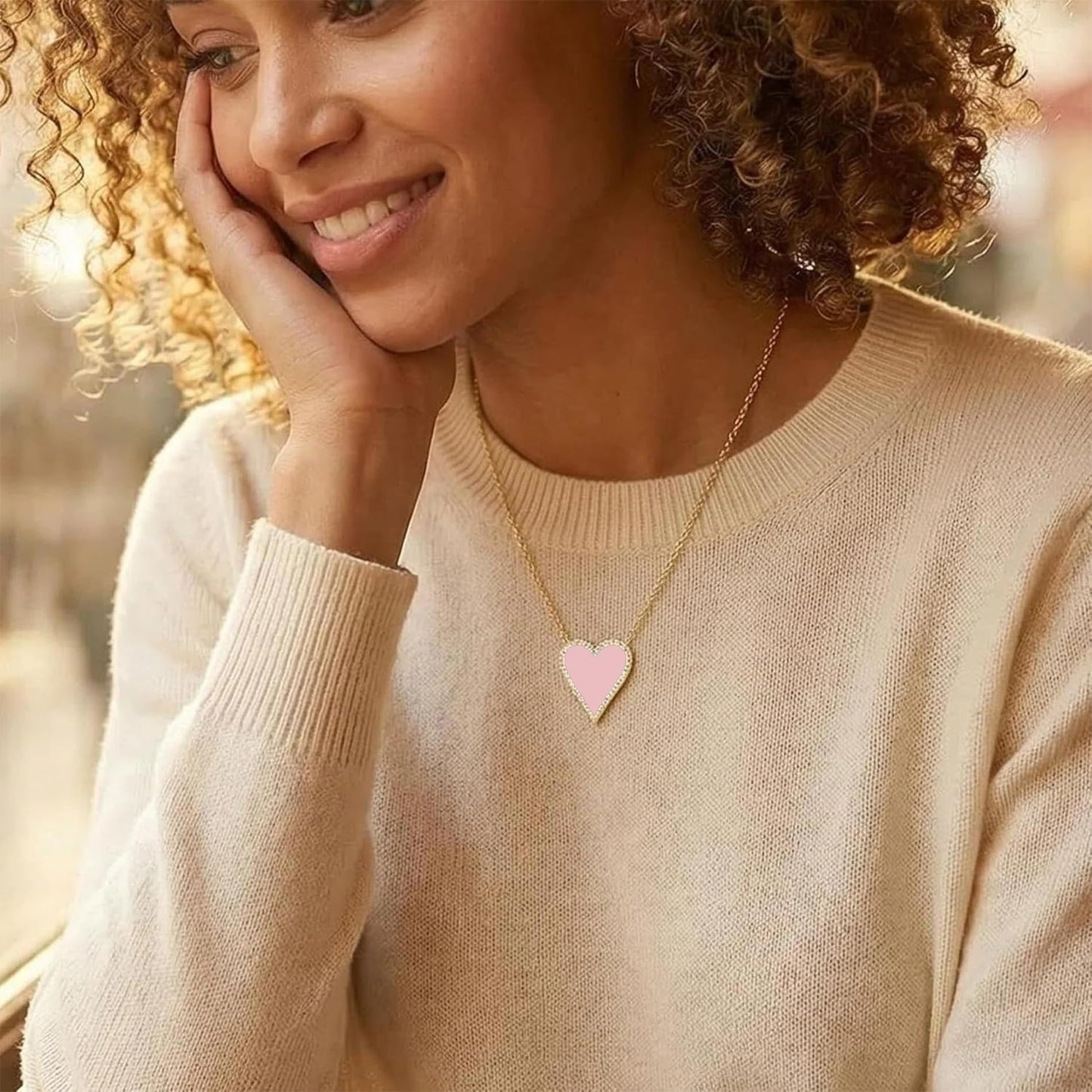 JINGDR Pink Heart Necklace for Women Trendy Preppy Jewelry Gold Plated Love Hearts Pendant Paperclip Chain Necklace Cute Heart Necklaces for Women Dainty Jewelry (Pink)