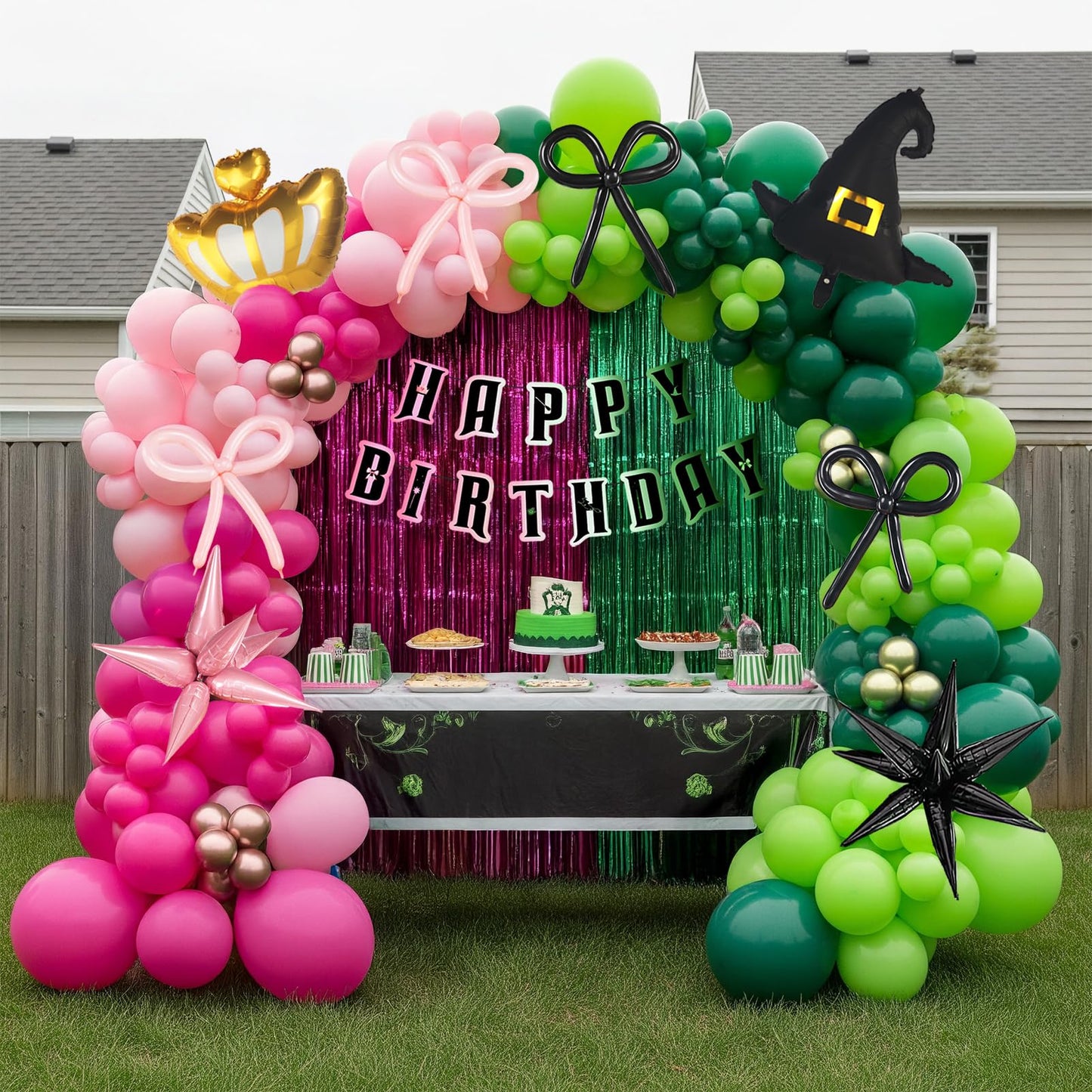 Green and Pink Balloon Garland Arch Kit, 120pcs with wizard hat star crown mylar balloon and Fringe Curtain Banner for Musical Theatre Witch Themed Birthday Baby Shower Decoration