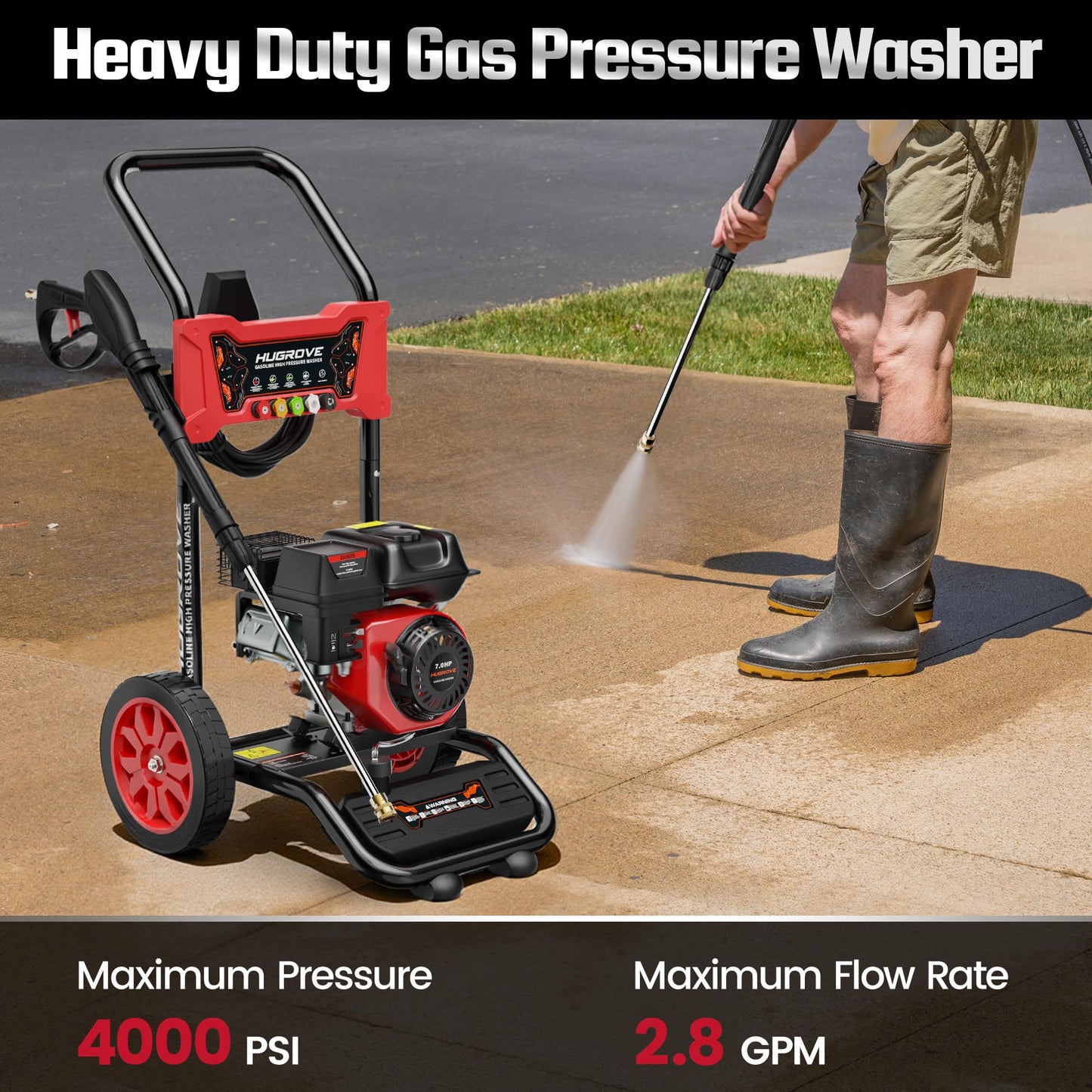 HURGOVE 4000 PSI Gas Pressure Washer for Home Use, 210CC Engine Power Washer with 26FT Hose & 5 Nozzles for Driveways, Cars, Patios & Fences