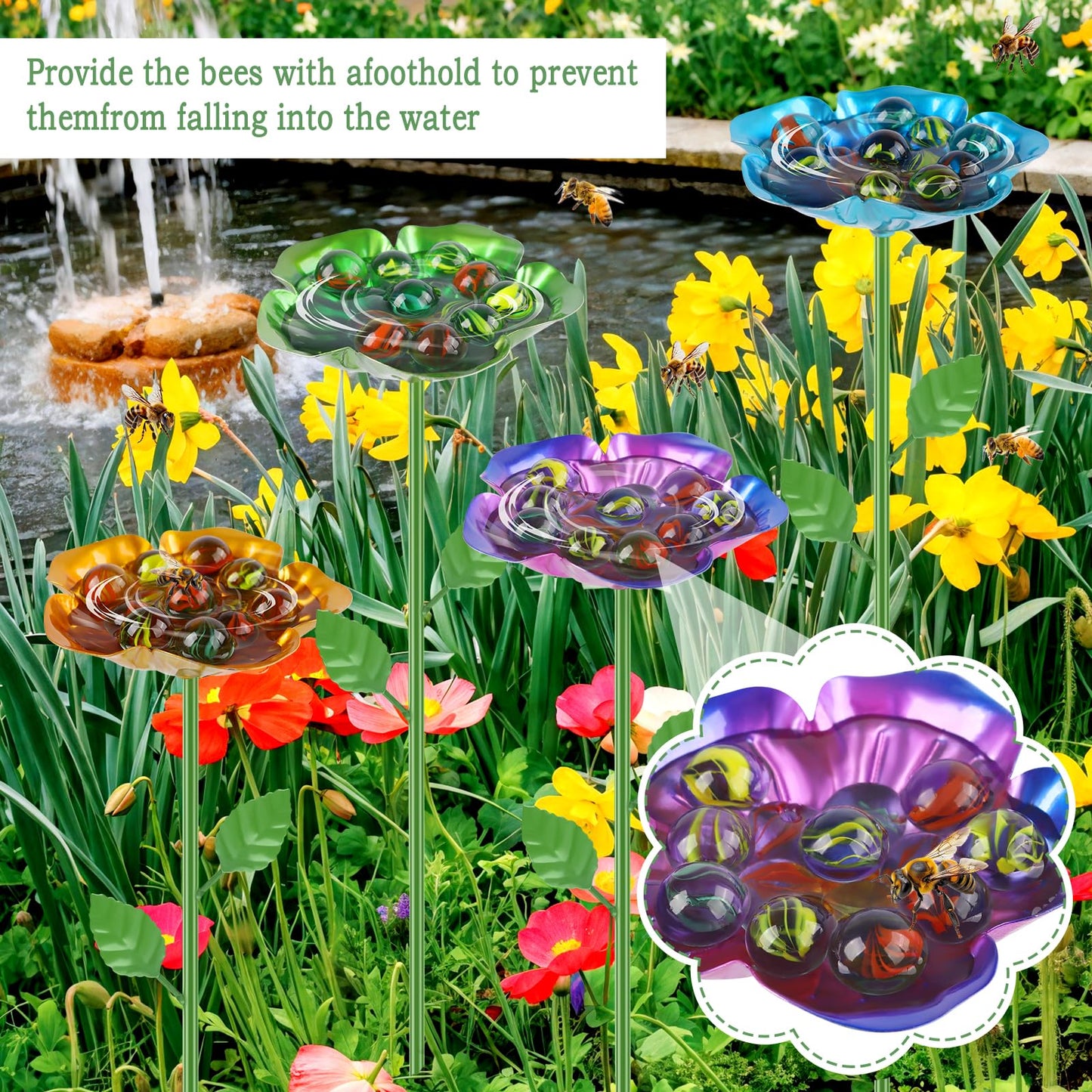 4 Pack Bee Watering Station, Metal Bee Feeder with Glass Marbles, Flower Shape Bee Butterfly Watering Station Bee Waterer for Outdoor Garden Courtyard Decor
