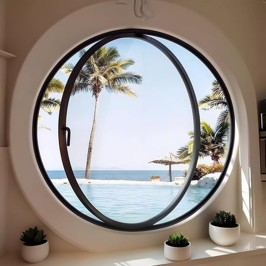360° Rotating Round Window, 23.6" Flush Mount Tempered Glass Porthole Window, Metal Pivot Casement Window with Handle, Home Indoor Ventilation Windows Replacement for Kitchen Bedroom Living Room