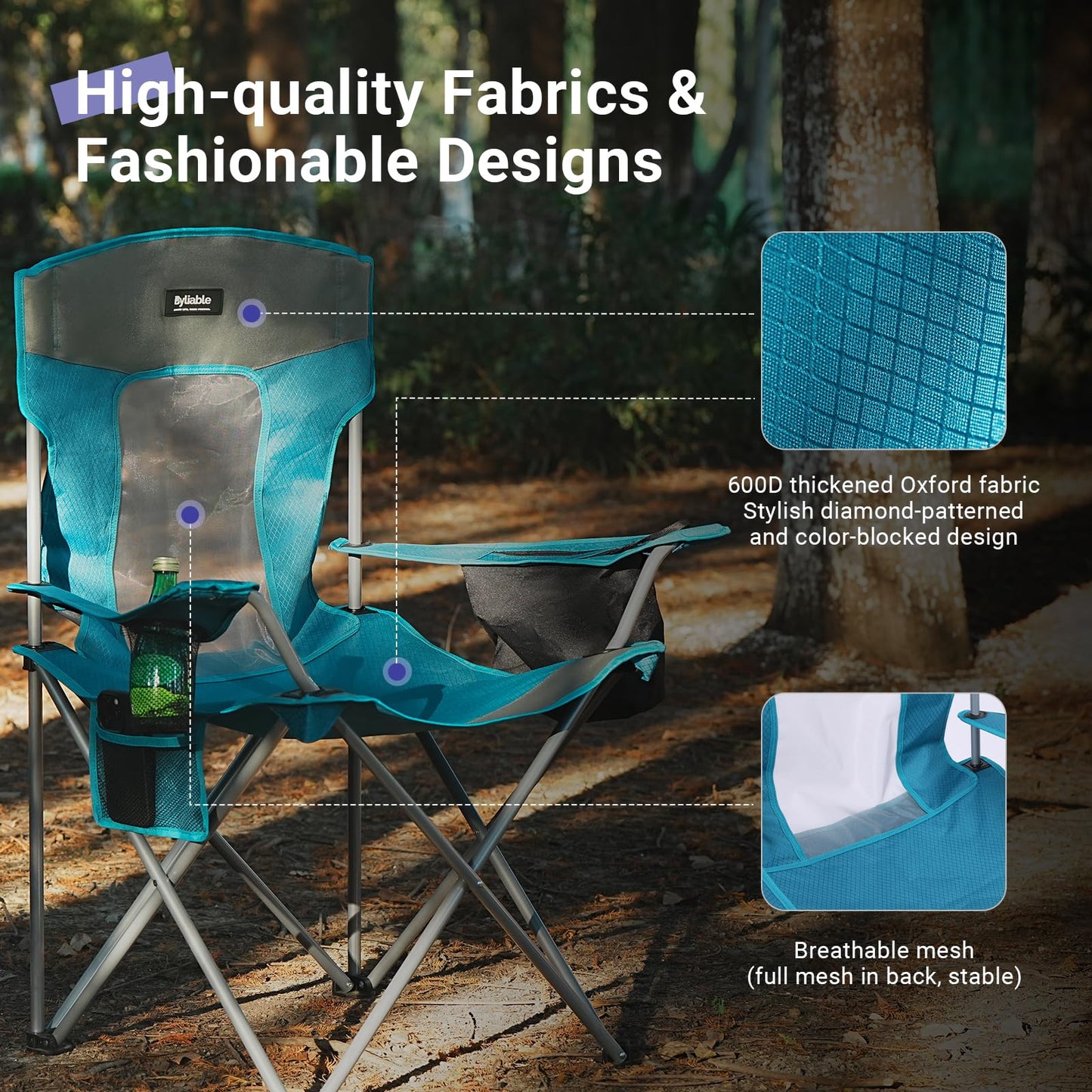 Camping Folding Chair Outdoor Lawn Portable Lightweight Camp Folding Chairs for Adult Outside with Cup Holder, Cooler Pouch & Side Pocket for Camping, Beach, Fishing, Sports or Tailgating Events, Blue