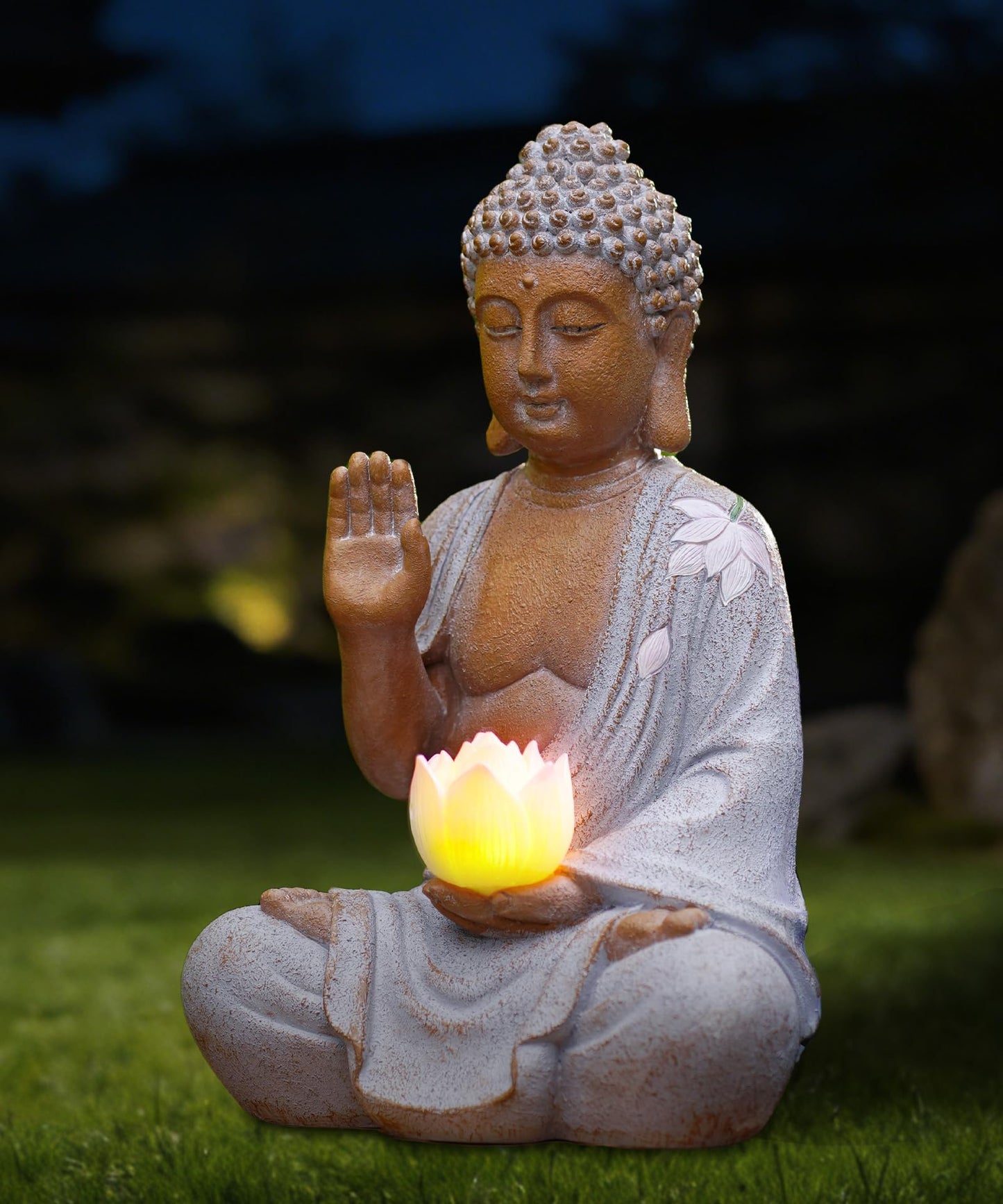 Nacome Solar Buddha Garden Statues with Lotus Flower: Resin Zen Decor Waterproof Sculpture Outdoor Light Design for Outside Patio Lawn Yard Balcony - 10.6 inches(White)