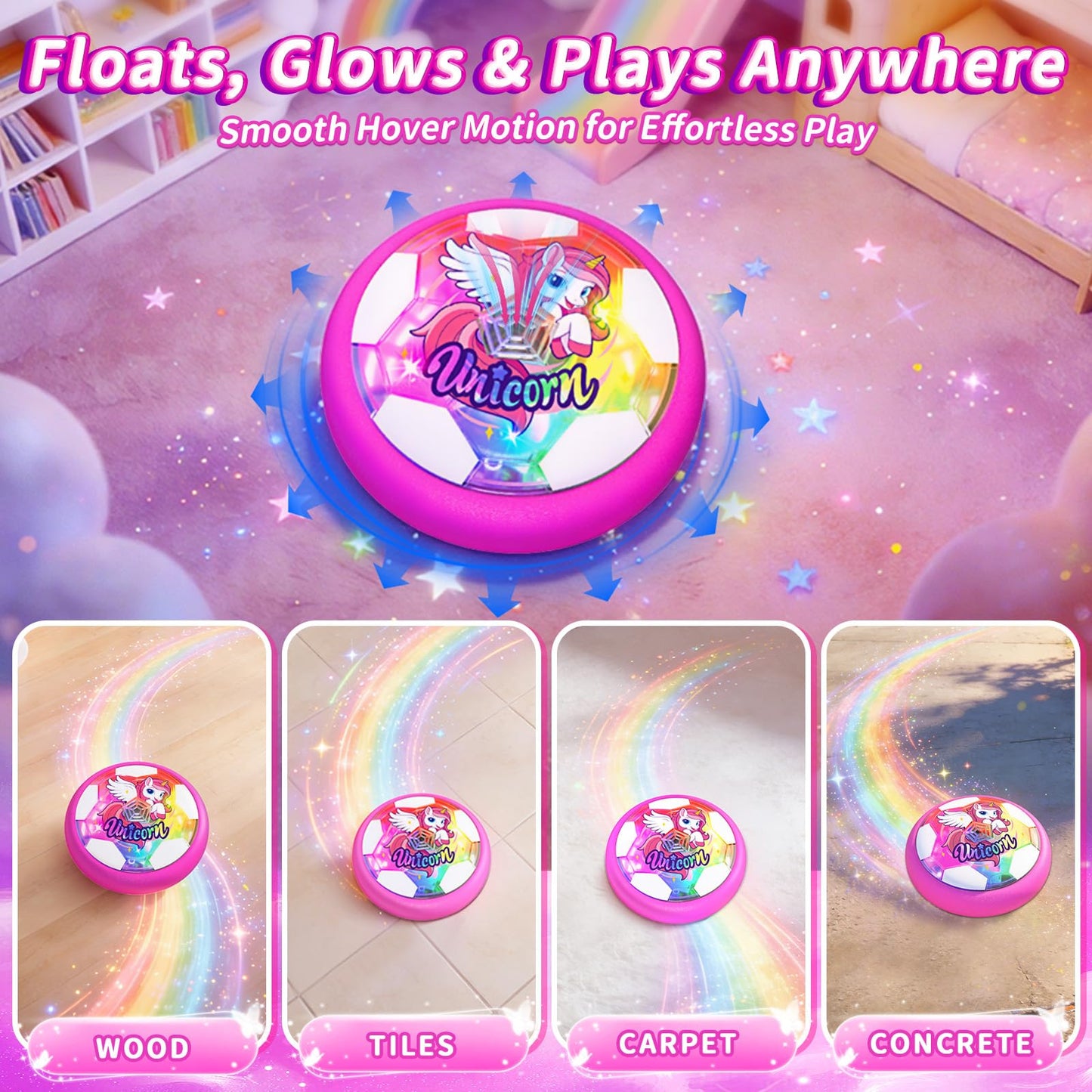 Tqeieu Unicorn Hover Soccer Ball for Girls, Light Up Air Floating Toys for Girls Age 3 4 5 6 7 8 9 10 11 12, Indoor Toy Birthday Gifts, Kids Games with LED Lights Foam Bumper, Kids Stocking Stuffers