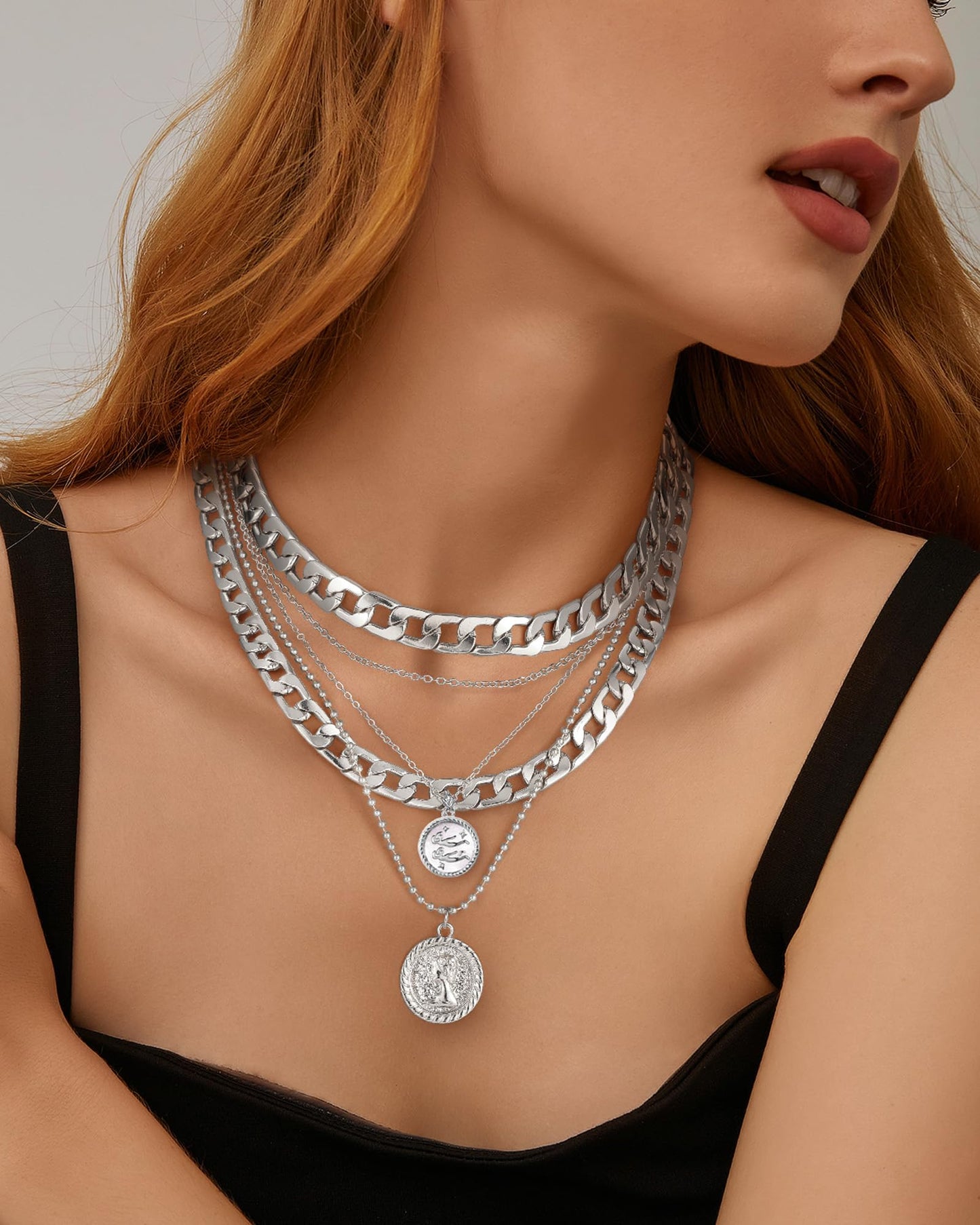 MJartoria Gold Layered Necklaces for Women Trendy Retro Coin Pendant Necklace Dainty Chunky Chain Choker Necklaces for Jewelry Birthday Gifts (Silver, Zodiac-Gemini-3PCS Layered)