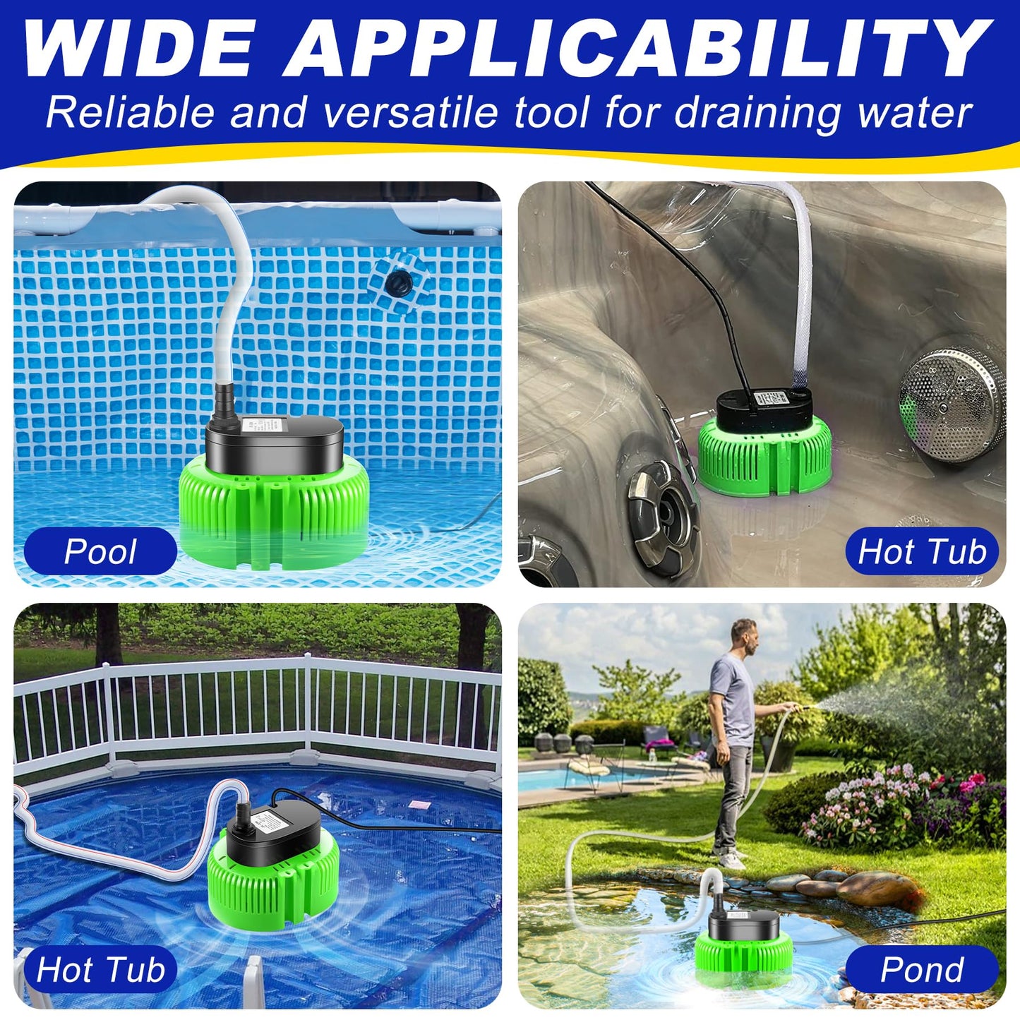 UniWater Pool Cover Pump above Ground-Submersible Sump Pump Swimming Water Removal Pumps, Sump Pumps for Pool Draining with 16ft Drainage Hose & 25 ft Extra Long Power Cord,850 GPH,3 Adapters-Green