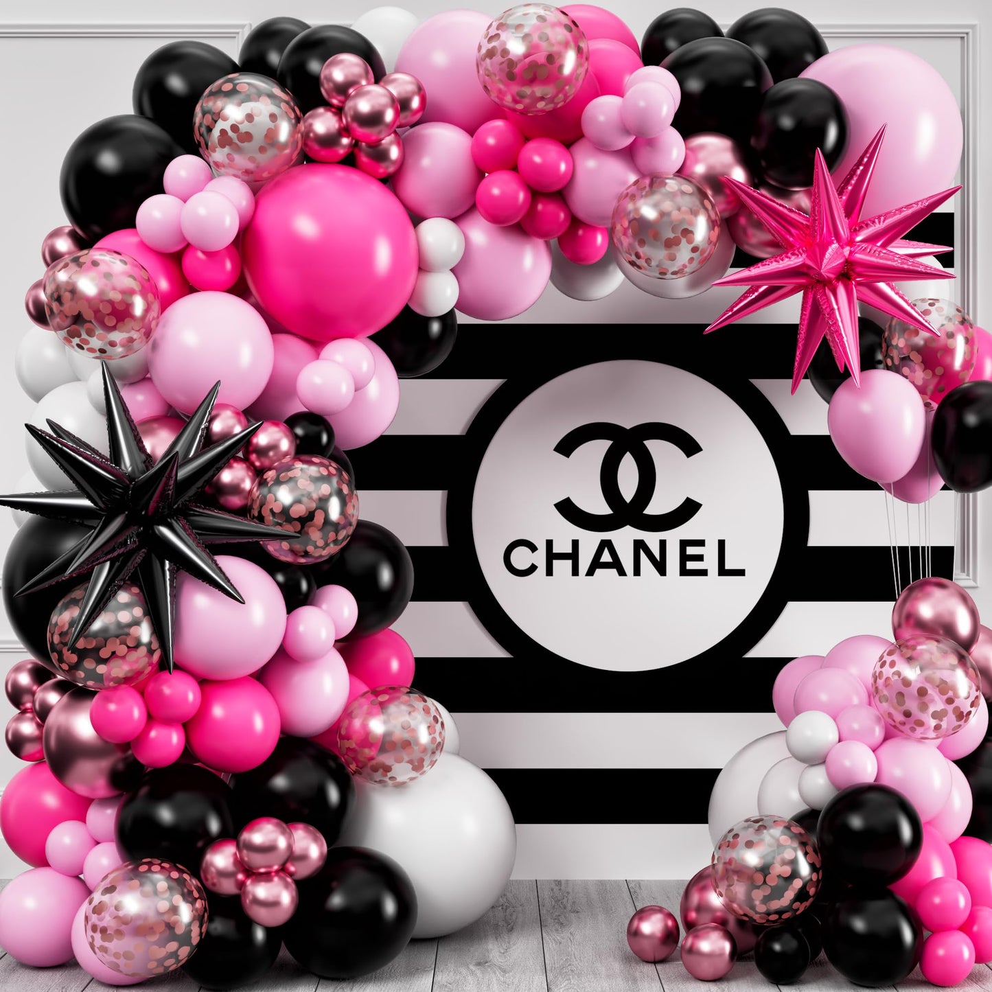 ALL-IN-1 Pink and Black Balloons Arch Kit with BONUS Starburst Balloons – Pink Black and White Balloons for Hot Pink and Black Party Decorations for Birthday and Theme Party Celebrations
