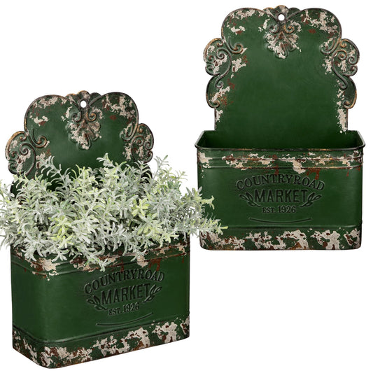 Set of 2 Metal Wall Planters Vintage Hanging Wall Planter Rustic Farmhouse Outdoor Decor Shabby Mount Planters for Fence Garden Patio Porch - Green