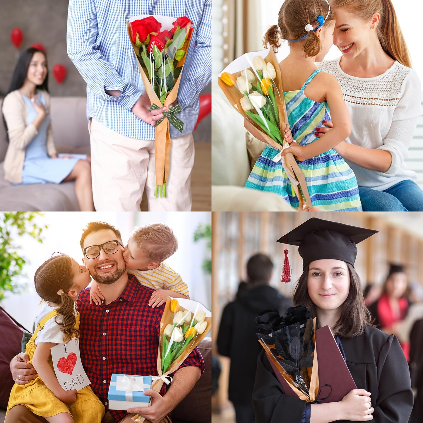 Whaline 50Pcs Flower Wrapping Bags Mother's Day Kraft Paper Floral Packing Sleeves Bouquet Bags Clear Flower Wrapping Sleeves for Graduation Wedding Birthday Valentine's Day Gift, 9.8x3.9x17.9 Inch