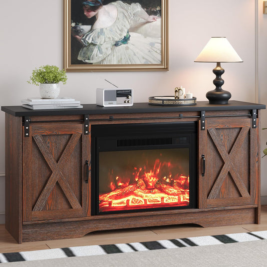 4 EVER WINNER Fireplace TV Stand with Fireplace, Sliding Barn Door, Adjustable Storage Cabinets, Farmhouse Entertainment Center with Fireplace for 65" TV, TV Stands for Living Room, Brown & Black