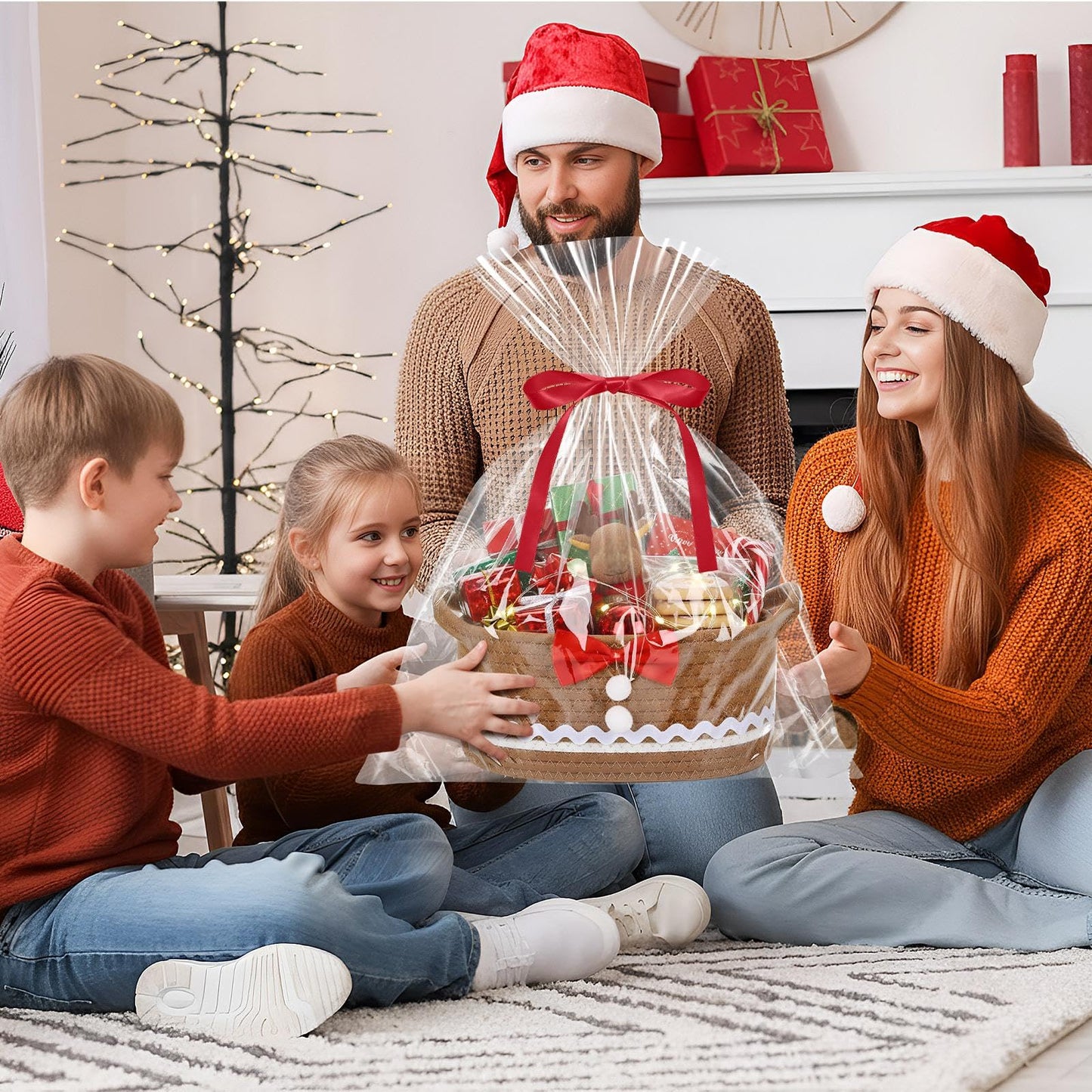 Zopeal Valentine's Day Woven Basket with Gift Bag, Ribbon and Red Tissue Paper Gingerbread Man Woven Bin Empty Shelf Basket Holiday Decorative for Xmas Gifts, 12 x 8 x 5 Inch