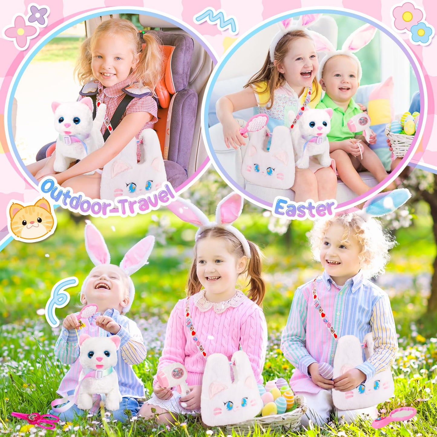 NINAOR Interactive Cat Toys for Kids with Crossbody Bags, Stuffed Cat Plush with Leash Walking Meow Pretend Play Kitty Robot Pet Toy, Electronic Realistic Cute Stuff for Girls Plushies Toddler Toys