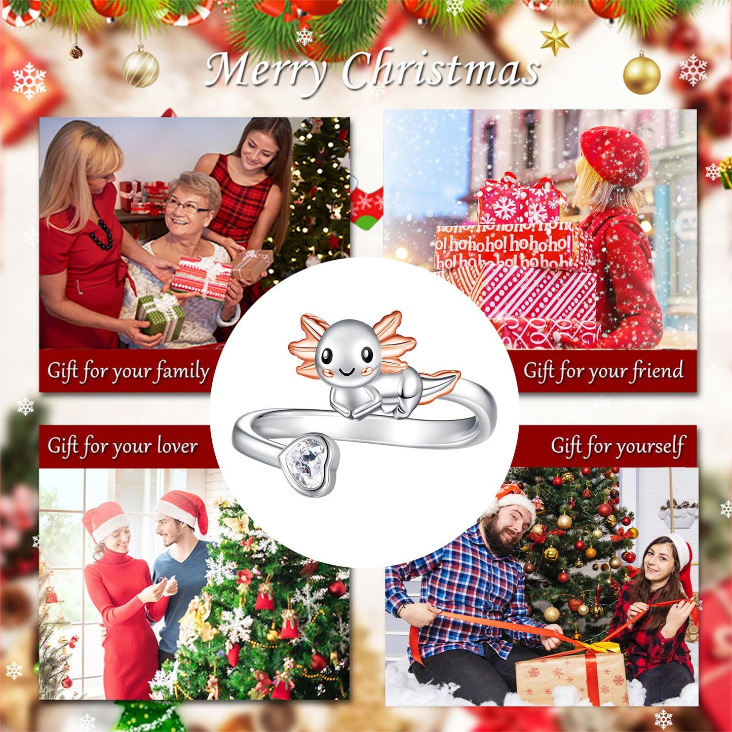 Zepmais 925 Sterling Silver Animal Ring - Adjustable Open Owl Axolotl Rings with Heart Cubic Zirconia Opal Cute Animals Jewelry Gifts for Women (Axolotl Ring)