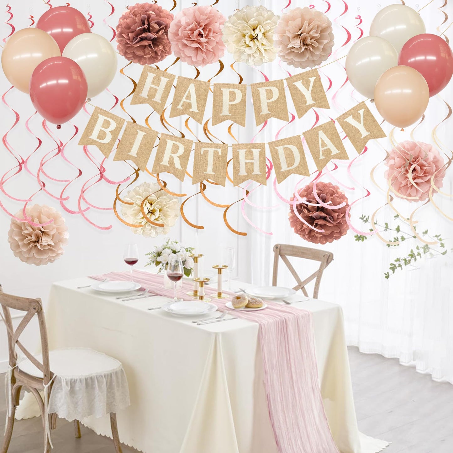 Dusty Pink Birthday Party Decorations for Women Girls Burlap Happy Birthday Banner Blush Pink Table Runner Felt Hanging Swirls Tissue Paper Pompoms Latex Balloons for Boho Happy Bday Party Decor