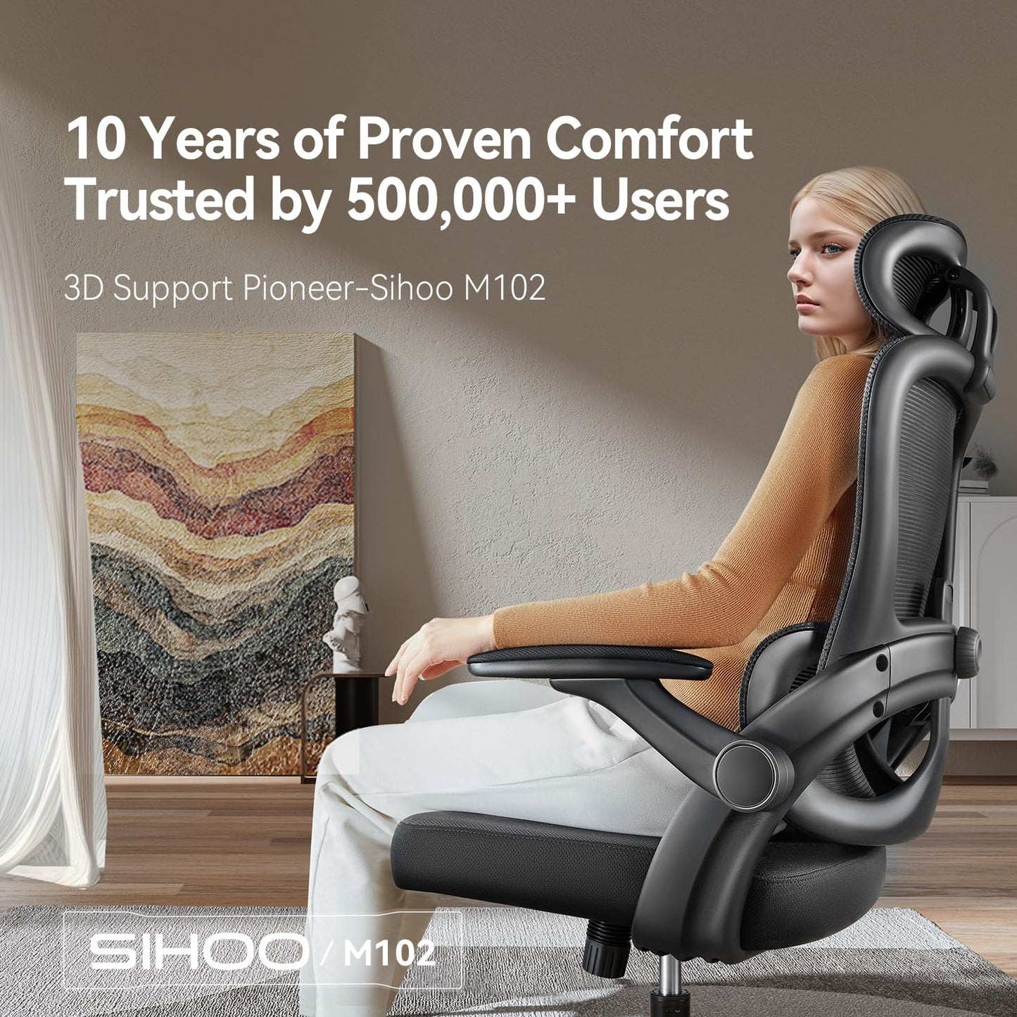 SIHOO Ergonomic Office Chair, Office Chair with Up&Down Lumbar, High Back Home Desk Chair with 3D Armrests, Computer Chair with Adjustable 2D Headrest, Tilt Function Black