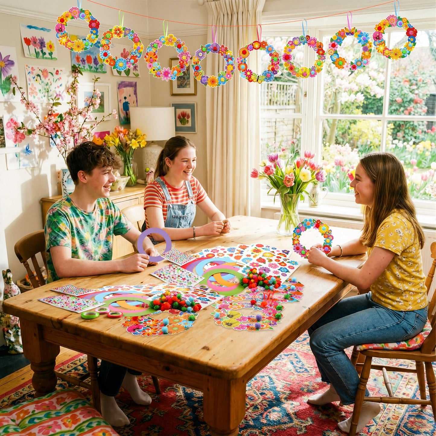 Hollowfly 48 Sets Flower Wreath Craft Kits DIY Summer Hanging Ornaments Decoration Make Your Own Floral Paper Craft with Stickers for Spring Summer Party Favors Seasonal Activities Supplies