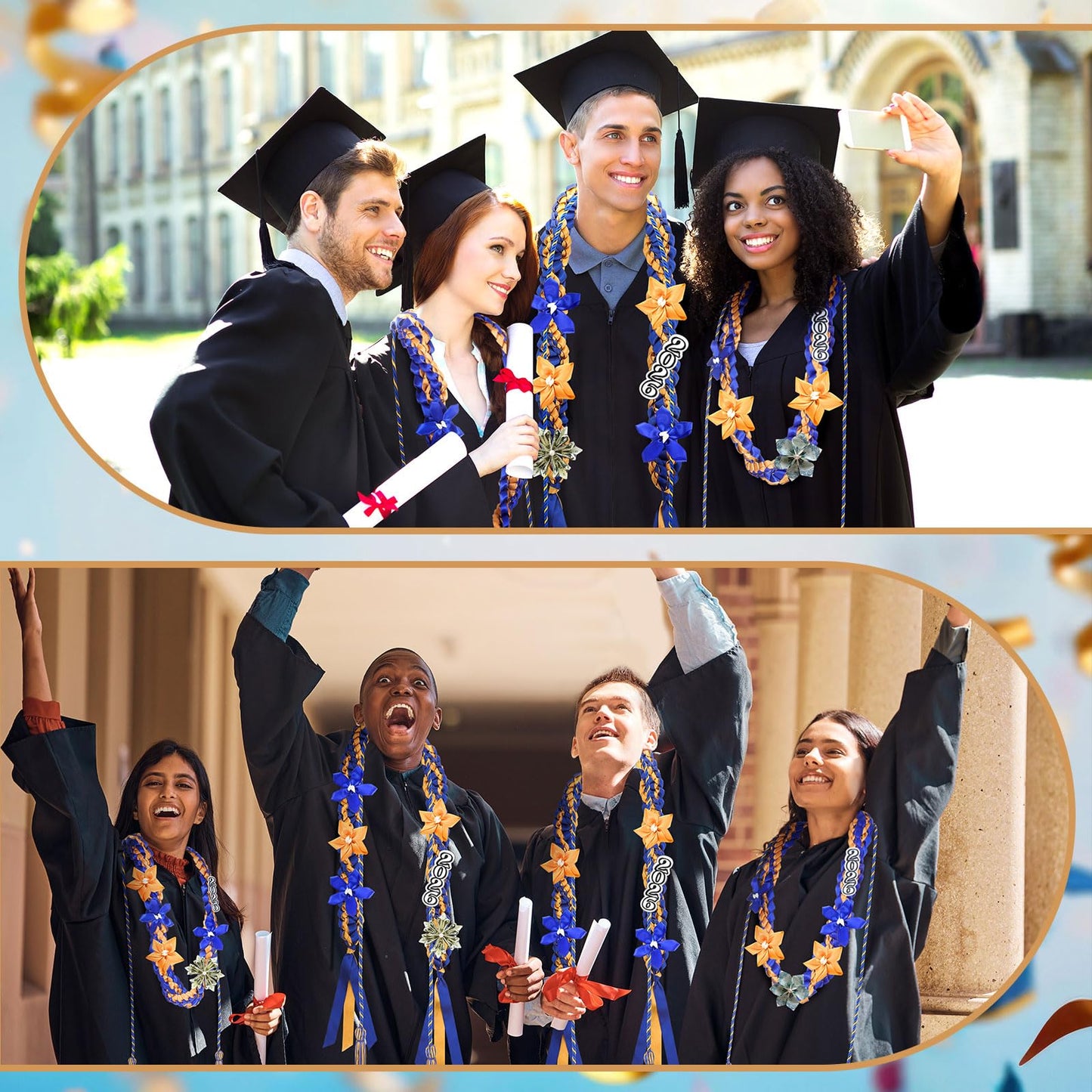 Craftsatin 2026 Graduation Money Leis with Honor Cord Class of 2026 Graduation Ribbon Money Leis Double Braided Handmade Necklace Kit for for High School College Grad Party Supplies (Blue Dark Gold)