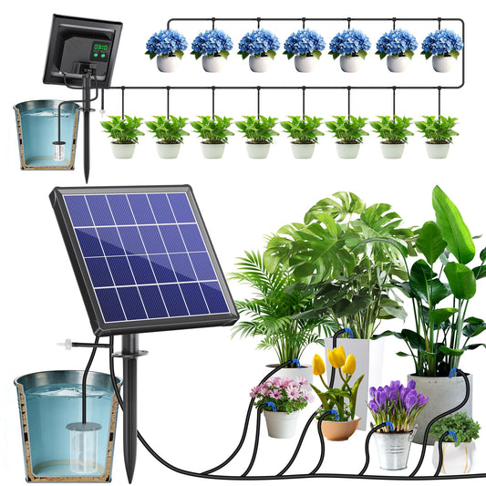 NFESOLAR 3W Solar Automatic Drip Irrigation Kit with LCD Timer, Customizable Watering Duration 1–30min & Interval 3h–7d, Anti-Siphoning Device for Potted Plants, Balcony, Garden, Patio, Vacation