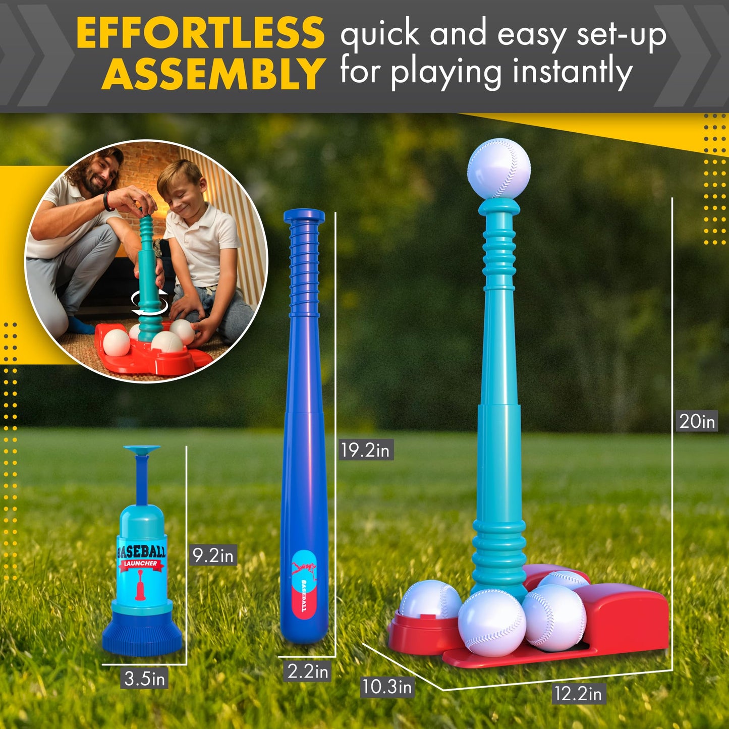 T Ball Stand for Kids and Toddlers 1-3, 3-5, 5-8. Baseball Set Includes 6 Large Balls, an Adjustable Tball Batting Tee, and a Pitching Machine. Kids Bat and Ball, T-Ball Sets for Kids