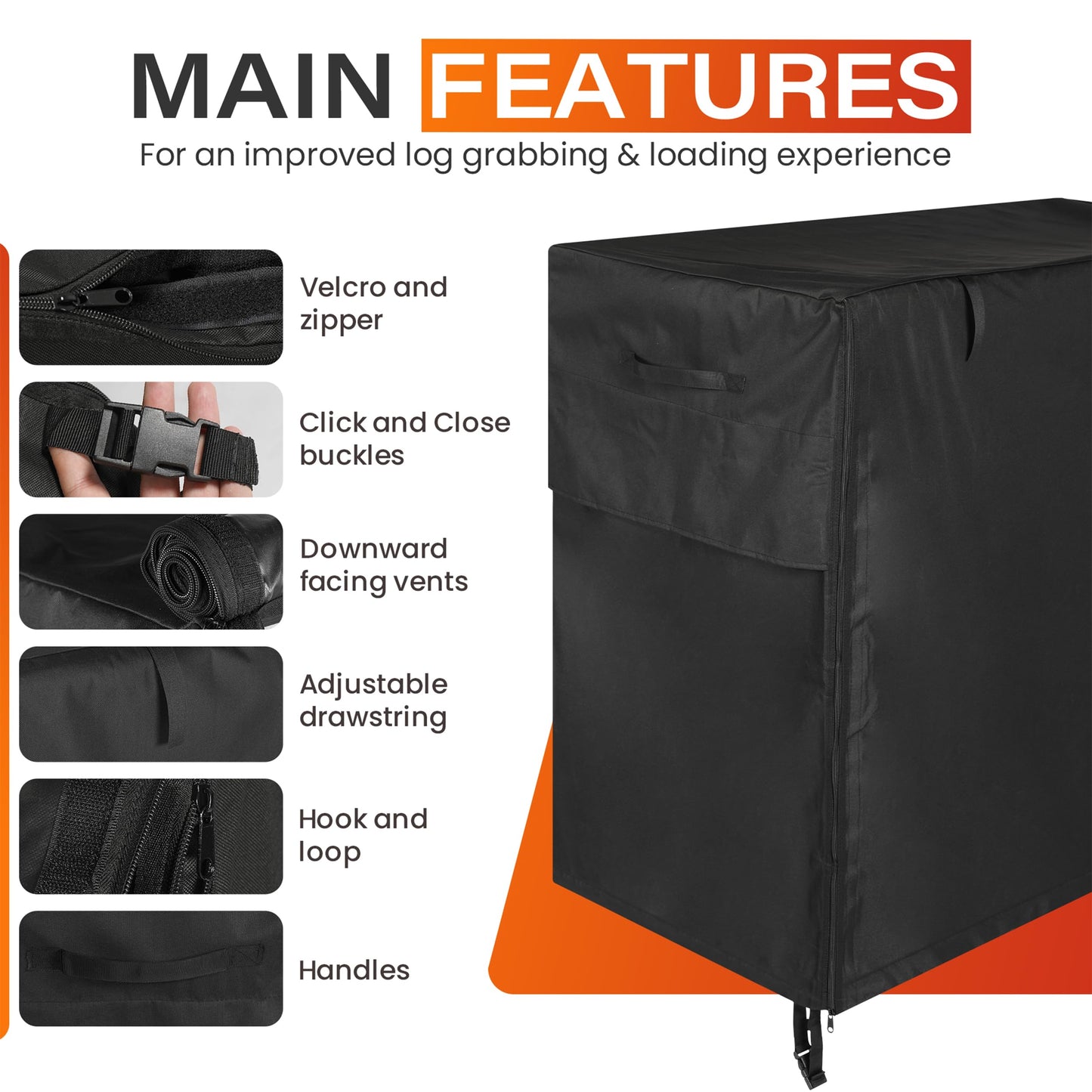5ft Waterproof Firewood Rack Cover - Heavy Duty Black 600D Oxford Fabric - Indoor Or Outdoor Firewood Log Cover with Zipper & Adhesive Closing Strips - Rack NOT Included - Black