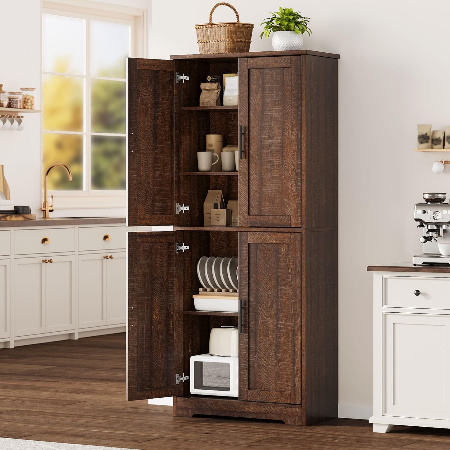 GarveeLife 70" Tall Kitchen Pantry,Farmhouse Storage Cabinet with Adjustable Shelves,Farmhouse Pantry Cabinet with 4 Barn Doors, for Kitchen,Dining Room,Living Room.(Rustic Brown)